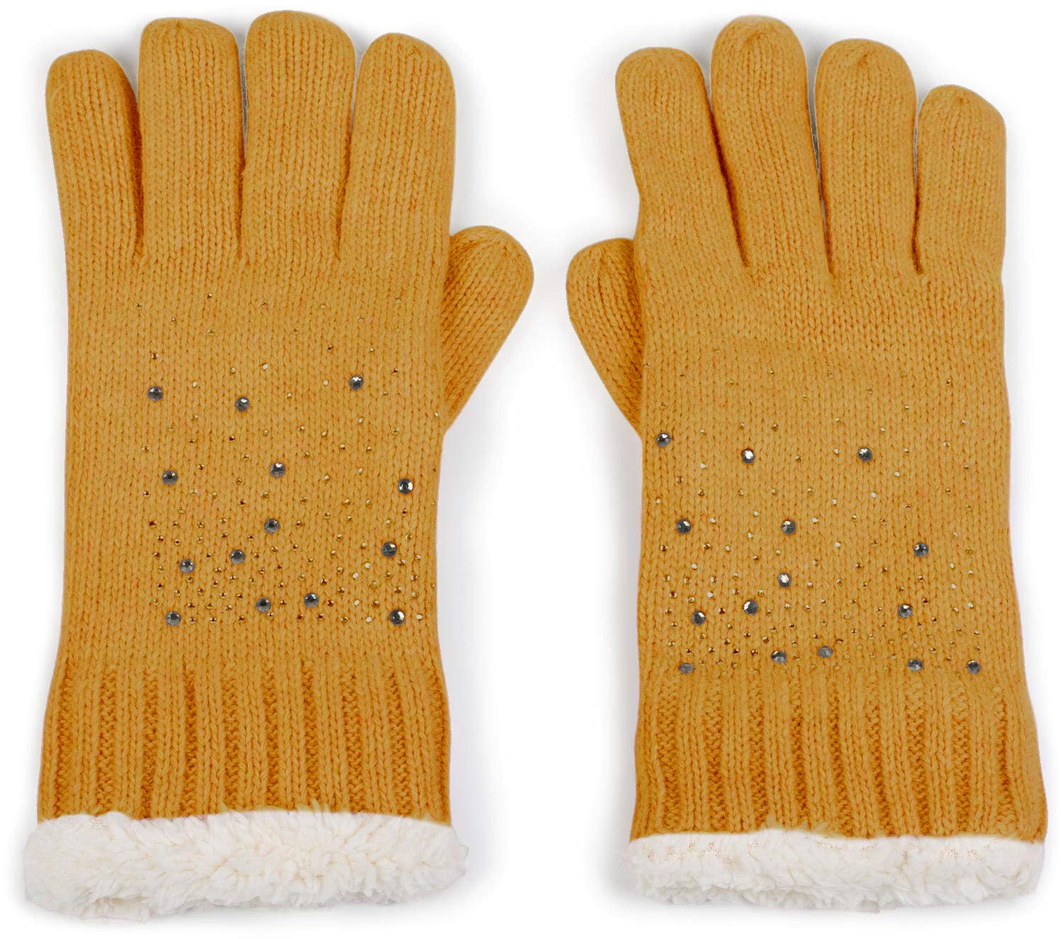 styleBREAKER warm gloves with rhinestone and fleece, winter knitted gloves, ladies 09010010, Colour:Curry