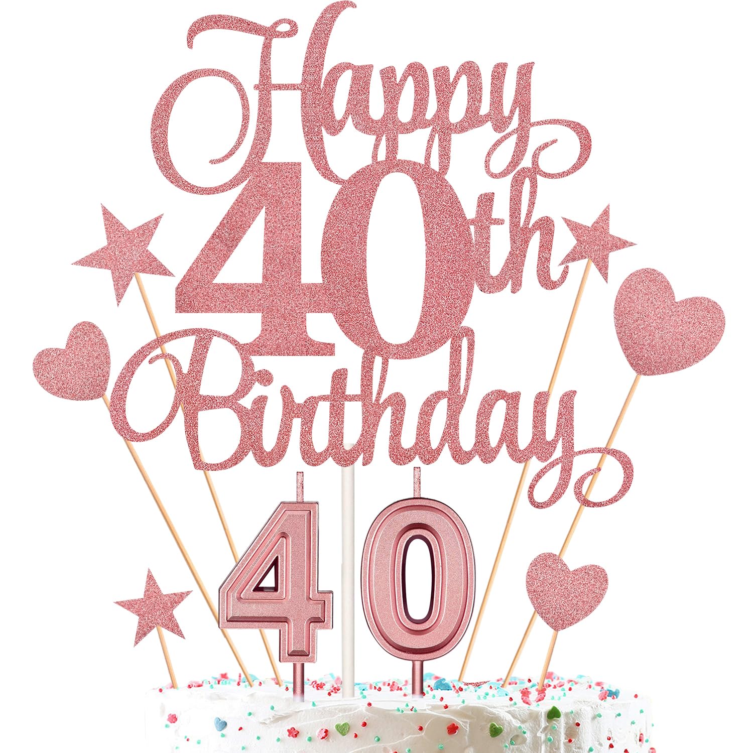 40th Birthday Cake Decorations Set Include 40th Birthday Candles Numeral 40 Cake Candles and Happy 40th Birthday Cake Toppers with Heart Star Cupcake Picks for Birthday Party (Rose Gold Series)