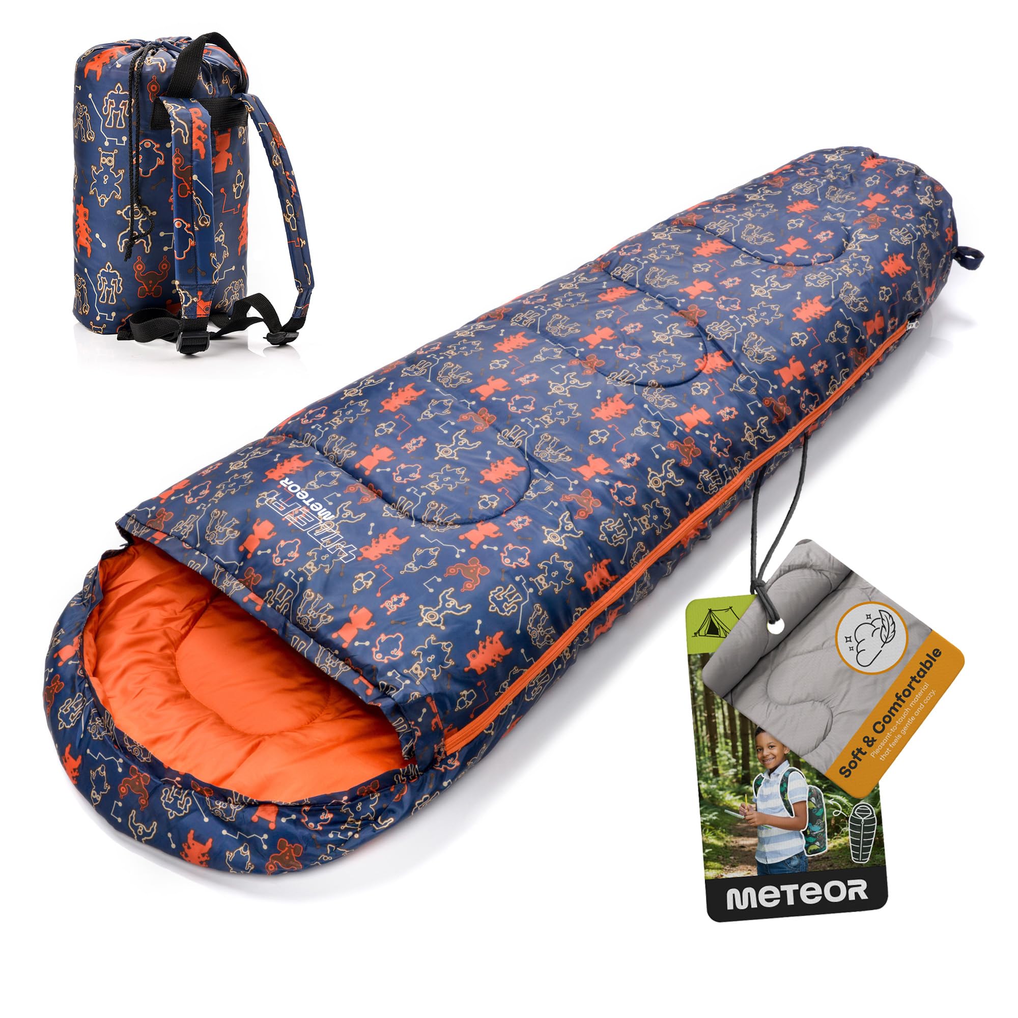 meteor Sac de couchage pour enfant de qualité supérieure - Avec sac à dos - Pour l'été - Ultra léger - Confortable - Pour le camping - Pour l'extérieur et l'automne