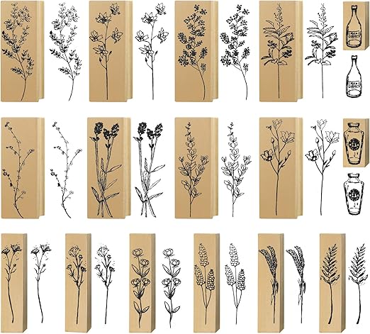 16 Pcs Wood Rubber Stamps for Crafting Vintage Flower Decorative Rubber Wooden Mounted Stamp Set for DIY Scrapbook, Painting, Letters Diary, Teaching and Card Making