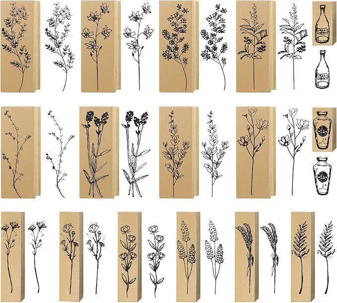 16 Pcs Wood Rubber Stamps for Crafting Vintage Flower Decorative Rubber Wooden Mounted Stamp Set for DIY Scrapbook, Painting, Letters Diary, Teaching and Card Making