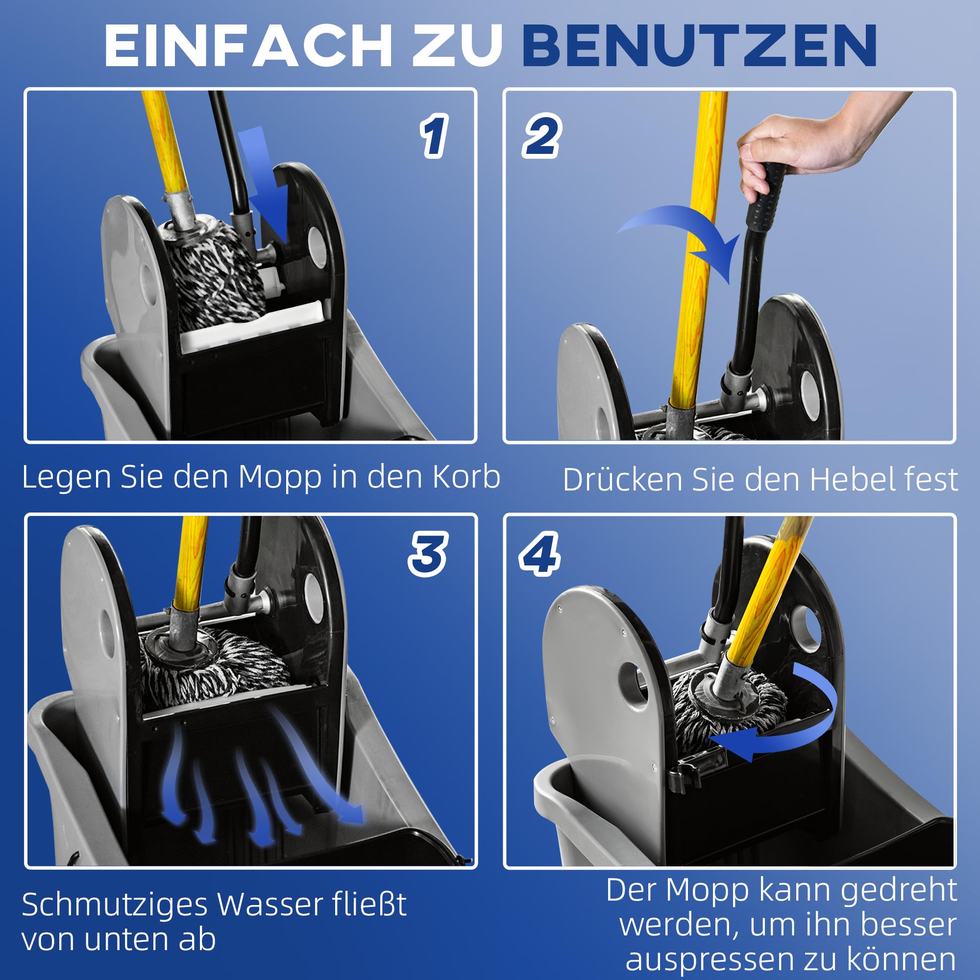 HOMCOM Reinigungswagen 36 Liter Putzeimer mit Auswringvorrichtung 54 x 41 x 91,5 cm Grau