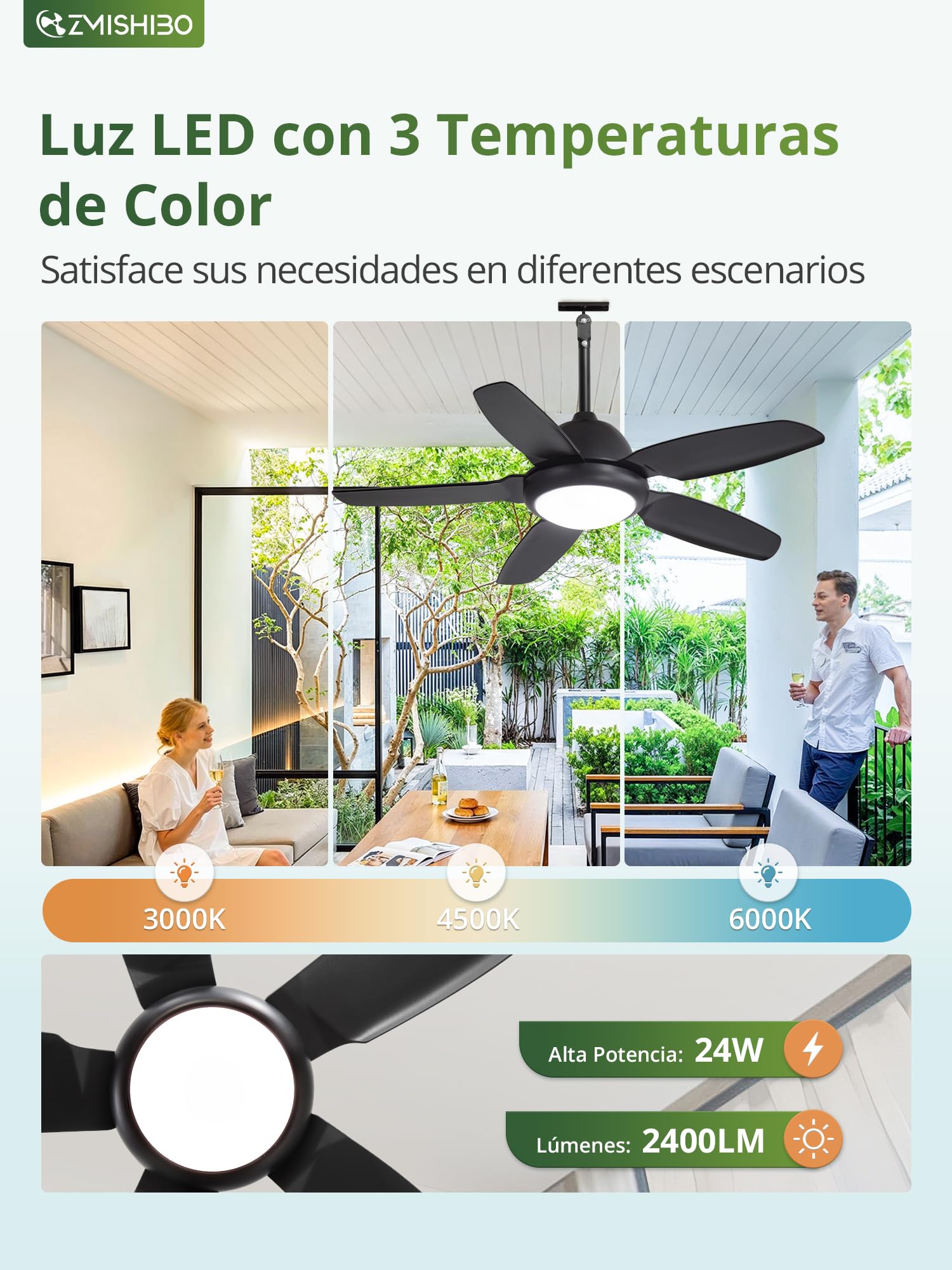 ZMISHIBO Ventilador de Techo Impermeable 107 cm con Luz LED, IP65, Motor DC Silencioso 6 Velocidades 3CCT, Ventilador Colgante para Exterior con Mando a Distancia, Negro