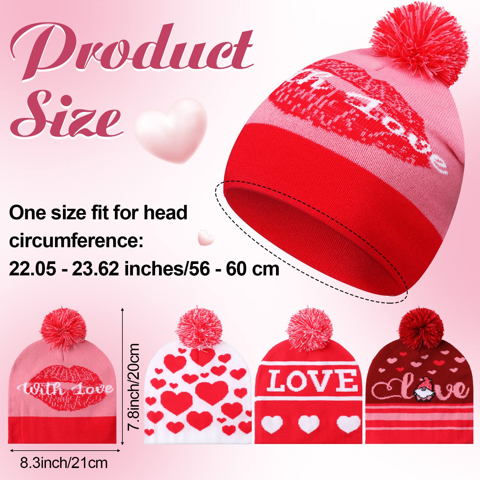 Valentine‘s Day Love Beanie Hats Heart Pattern Hats Warm Stretch Winter Knit Hat for Men Women Adult Valentine’s Day Gifts (Heart,4 Pcs)