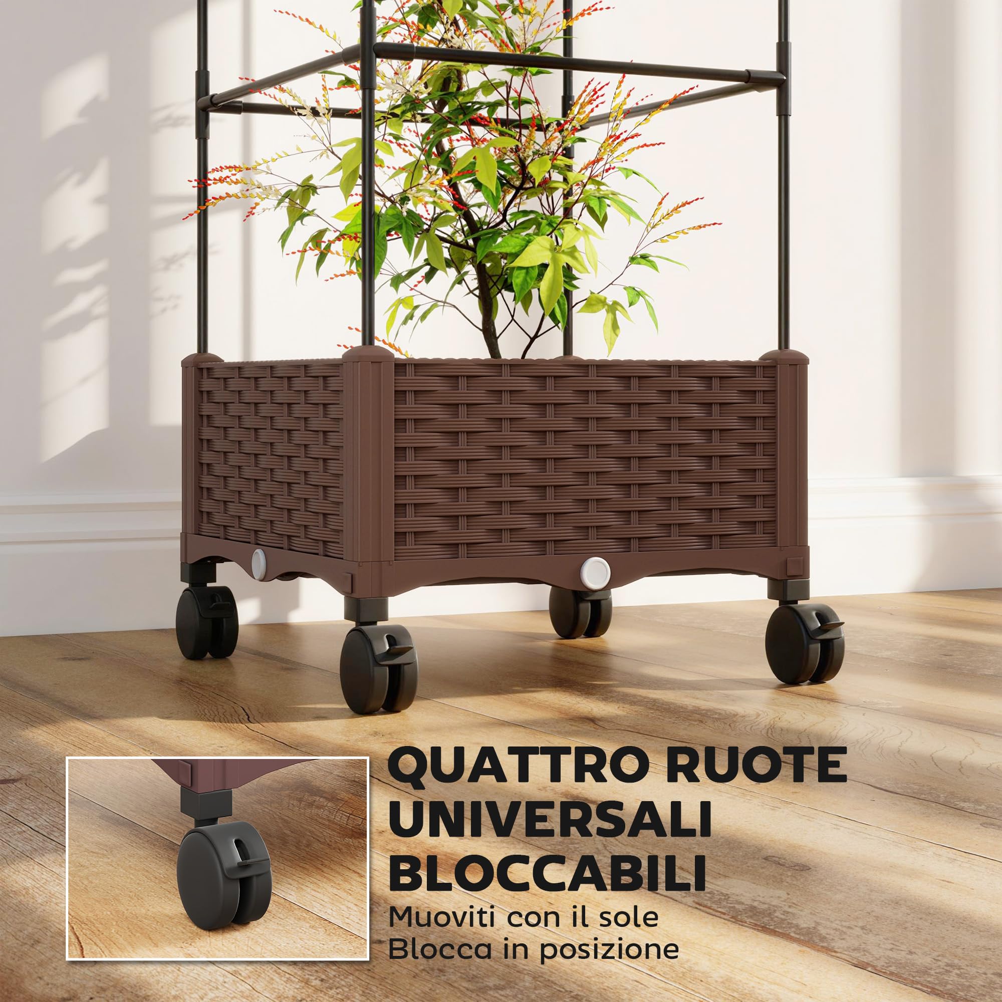Outsunny Fioriera Rialzata con Traliccio 20L, Letto per Orto Rialzato da Esterno con Ruote Bloccabili, Sistema di Autoirrigazione, Fori di Drenaggio, per Piante Rampicanti, Verdure e Fiori, Marrone