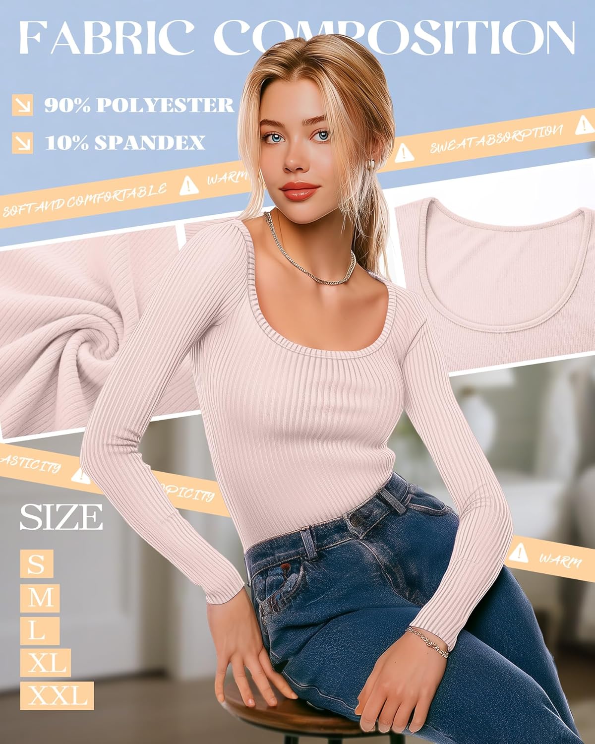 Huukeay 3 Pack Women's Long Sleeve Shirts, Ribbed Scoop Neck Thermal Undershirts Basic Casual Underscrubs Slim Fit Tops - Image 3