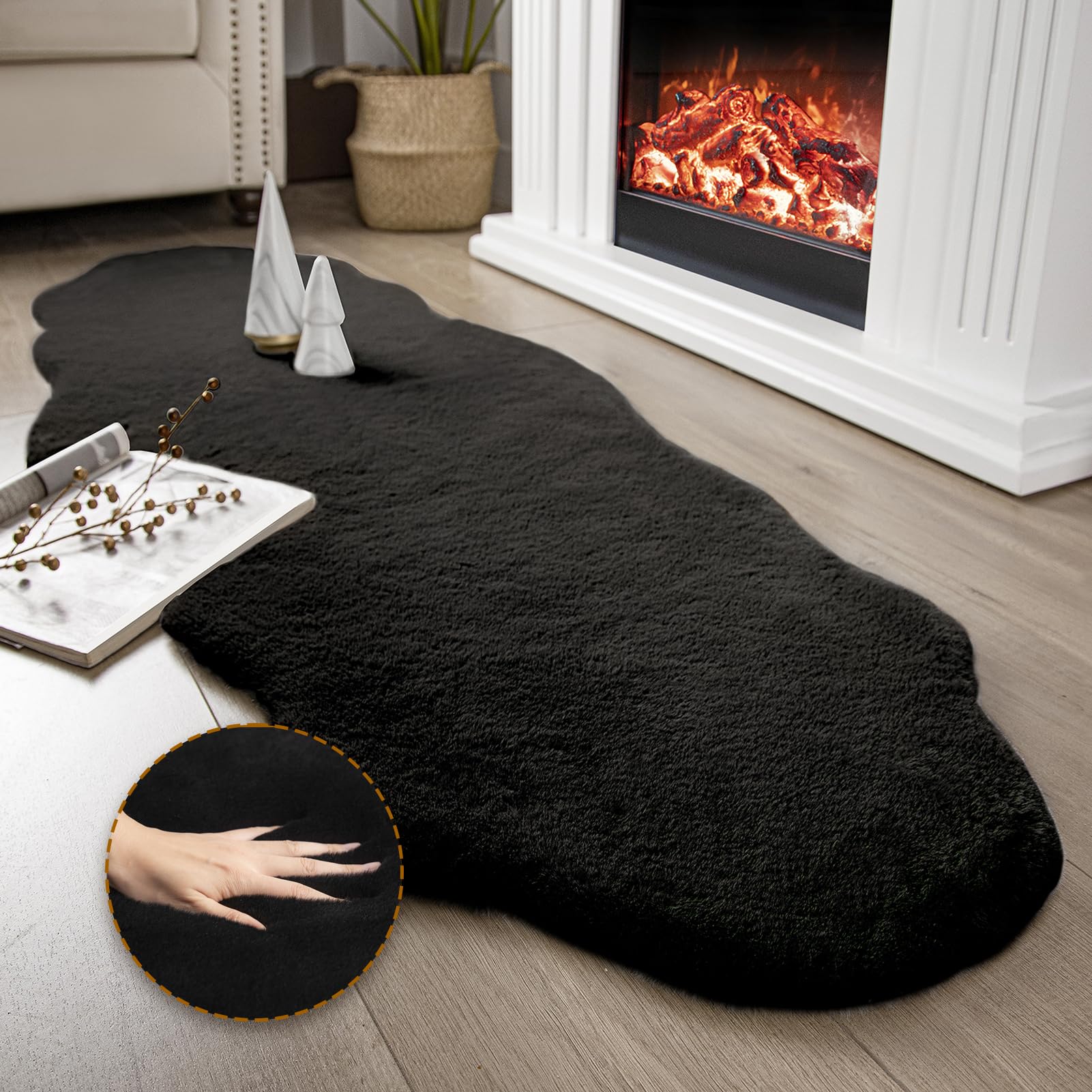 Ashler HOME DECO Ultra Soft Faux Rabbit Fur Chair Couch Cover Area Rug for Bedroom Floor Sofa Living Room Black 2 x 6 Feet