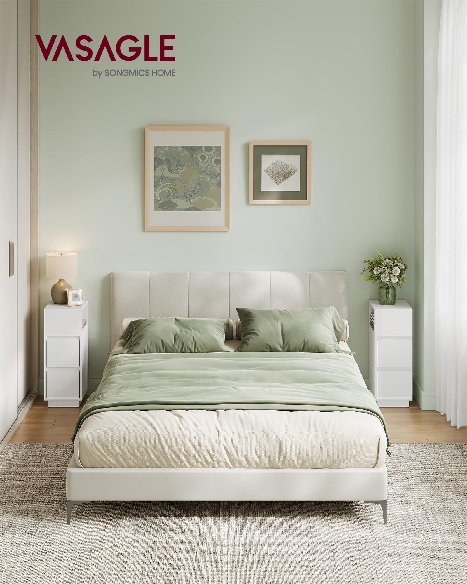 VASAGLE KAILYN Collezione - Comodini Stretti, Set di 2, Tavolini con 2 Cassetti e Scomparto verso Sinistra o Destra, per Camera da Letto, Soggiorno, Moderno, Bianco Nuvola LET856W01