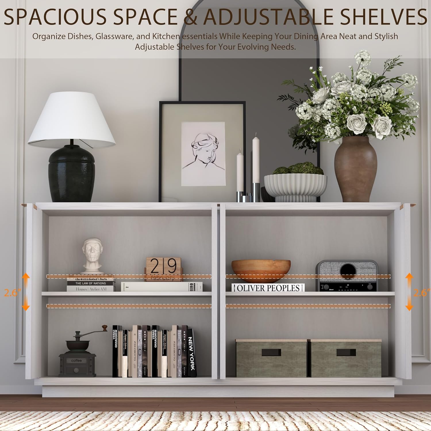 Yechen 59" White Oak Sideboard Buffet Cabinet with Storage, Modern Credenza with 3D Geometric Pattern Doors & Adjustable Shelves, Accent Wood Media Console Table for Living Room, Kitchen, Entryway