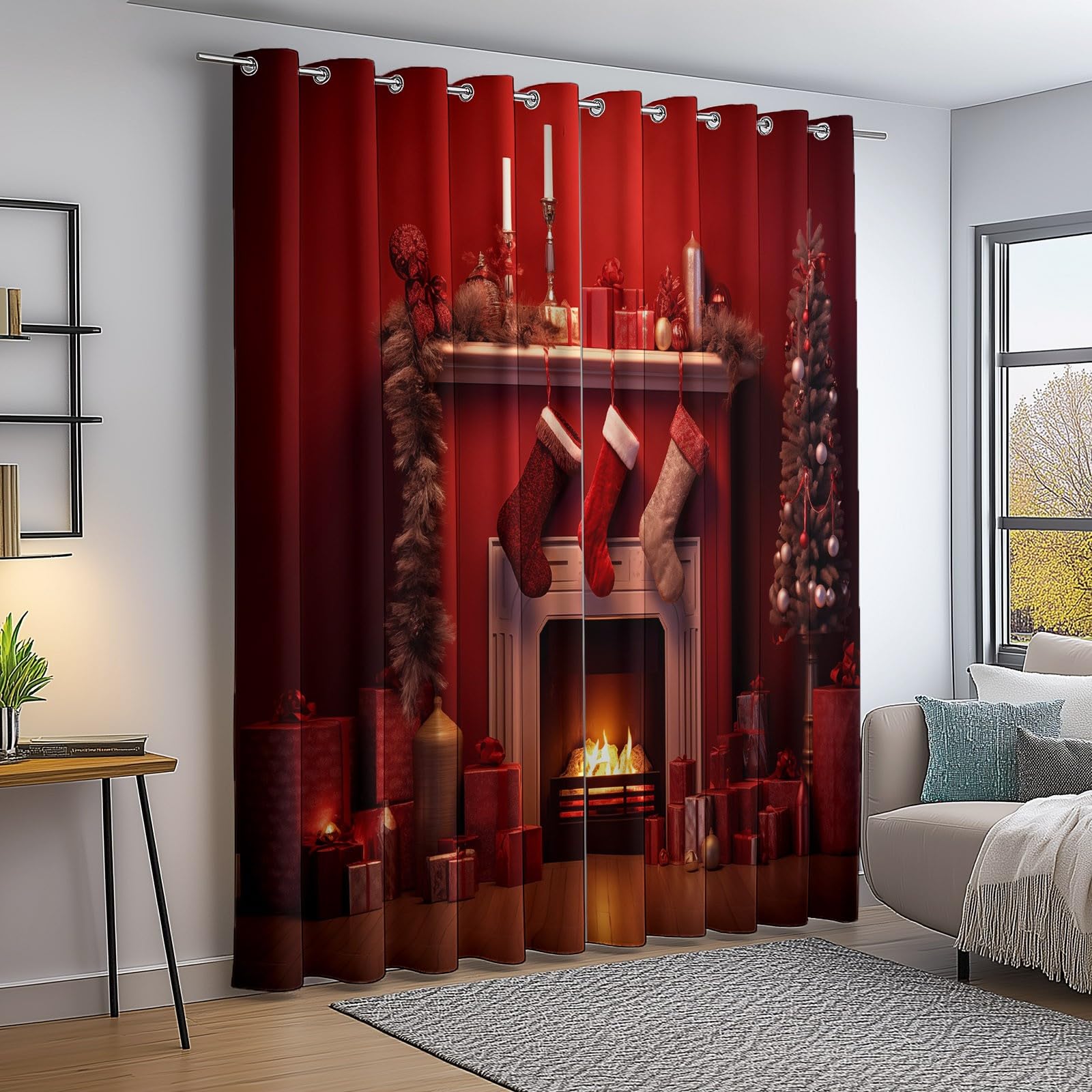 Nieprzezroczyste zasłony, czerwone, na przelotkach, na Boże Narodzenie, na choinkę, na kominek, z nadrukiem, wys. 245 x szer. 135 cm (2 sztuki) termoizolacyjne zasłony zaciemniające do sypialni