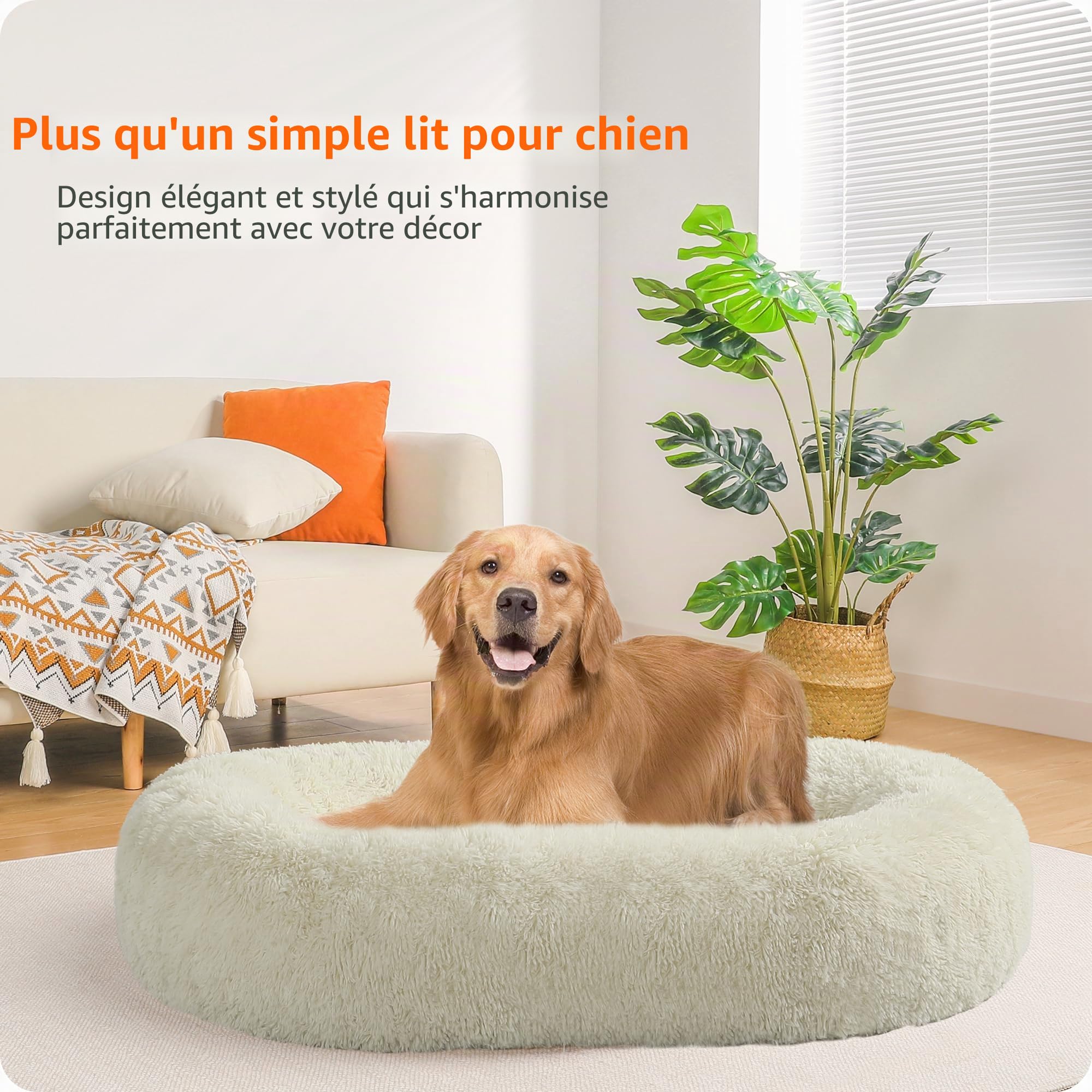 HMTOPE Lit orthopédique pour chien rond Coussin pour chien Canapé pour chat Lit en forme de donut Doux Panier pour chien Lavable, 100 cm Ø, Beige