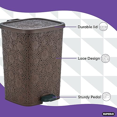 Miniatura 4 de Cubo de basura compacto de plástico para interiores y exteriores con pedal de pie, cubo de basura decorativo marrón con diseño de encaje, bote de