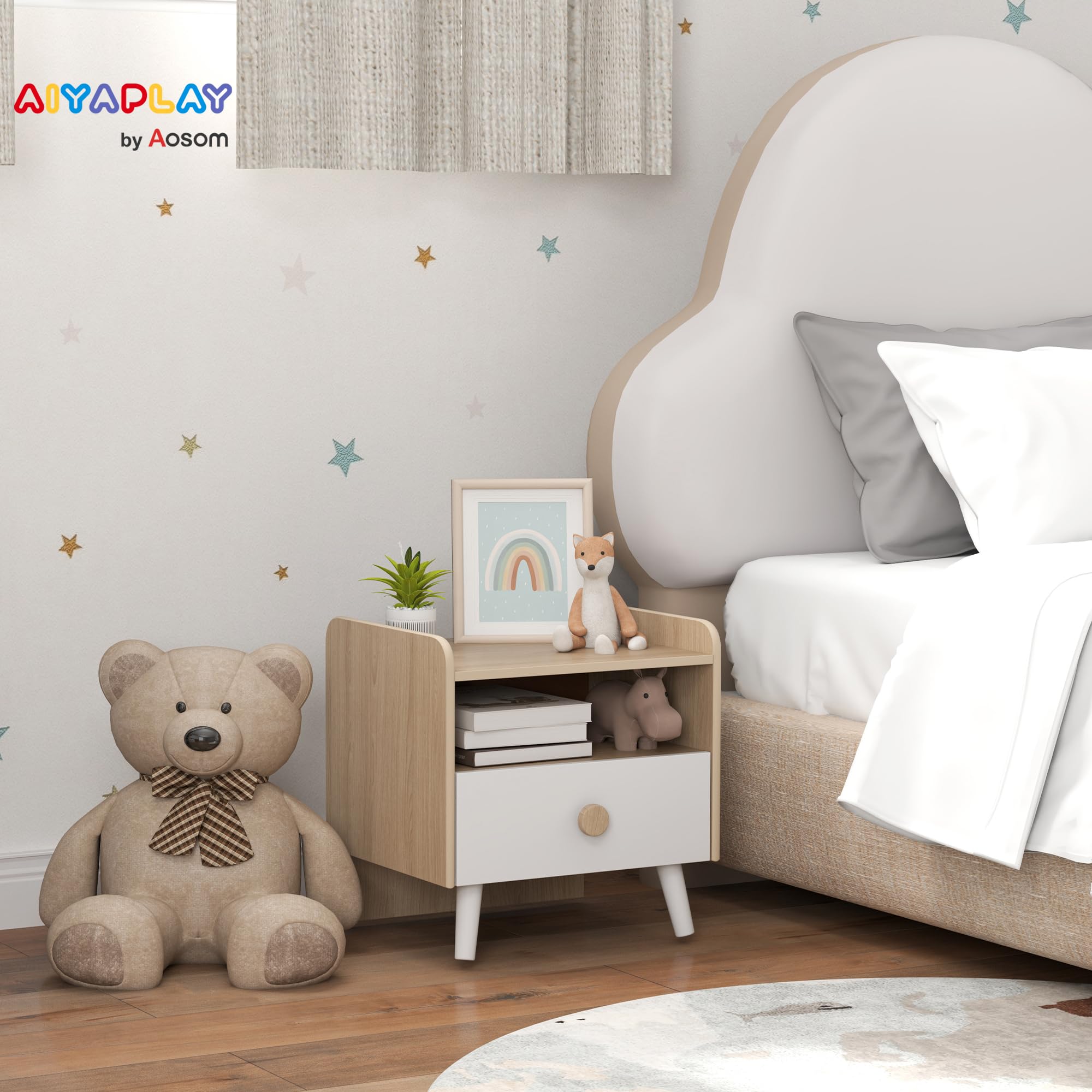 AIYAPLAY Mesita de Noche Infantil de Madera, Mesita de Noche para Niños de +3 Años con Cajón y Bordes Redondeados, para Dormitorio, Blanco y Roble