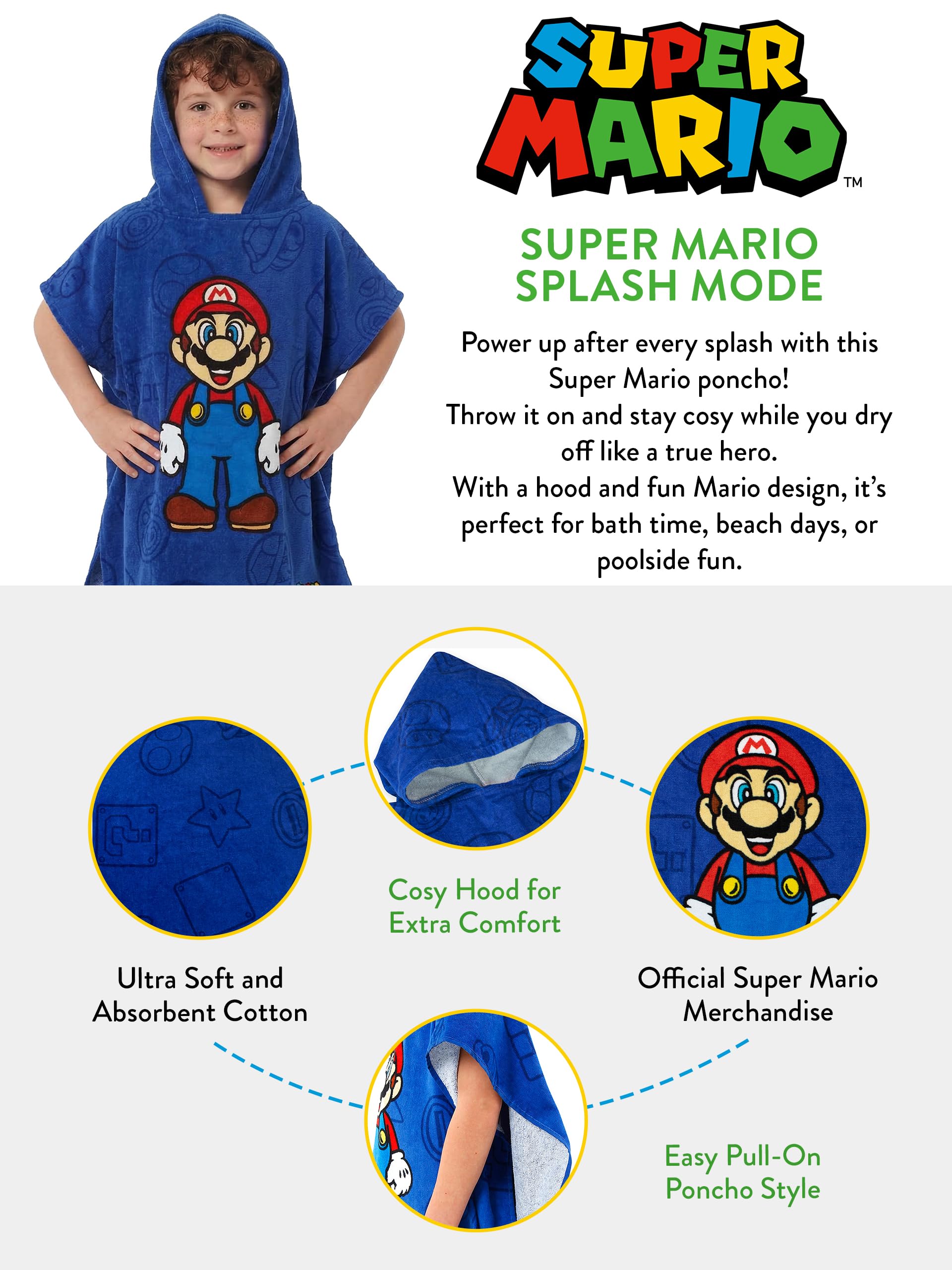 SUPER MARIO BROS Garçons Jeux Serviette à Capuche Poncho Maillots de Bain pour Enfants Taille Unique Bleu