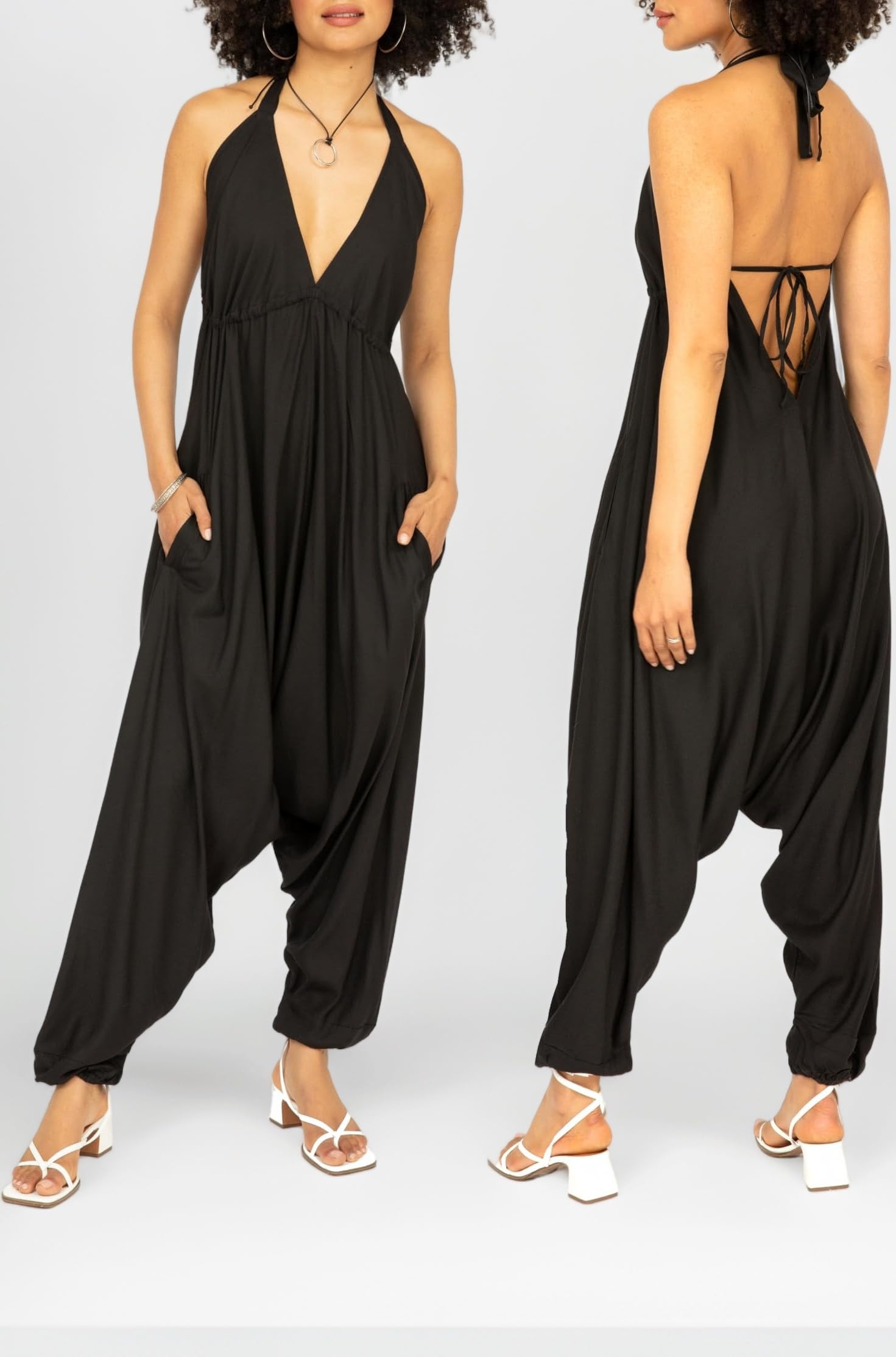 Women's Summer Jumpsuit, Airy Jumpsuit with Halterneck, One-Piece with Back Cut-Out & Pockets, Festive Outfit for Holidays and Everyday Use