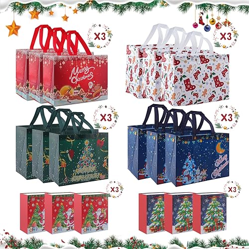 Miniatura 4 de Tsungup Paquete de 18 bolsas de regalo de Navidad de varios tamaños, bolsas grandes de Navidad no tejidas, bolsas de regalo reutilizables con asas,