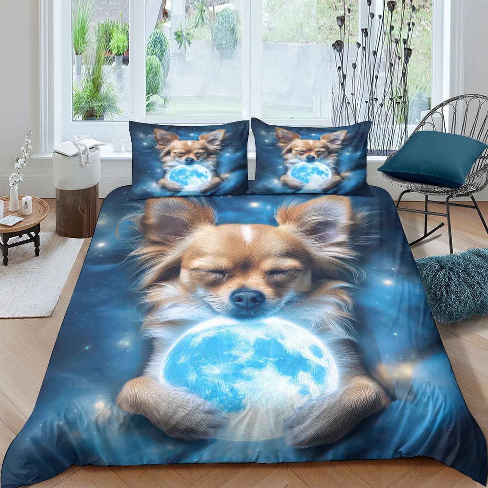 Ctjqhvkz Style-8 3D Printed Dog With Moon Fitted Sheet Microfiber Soft Breathable Starry Night Mattress Cover Bedroom Decor Single（135X200cm）
