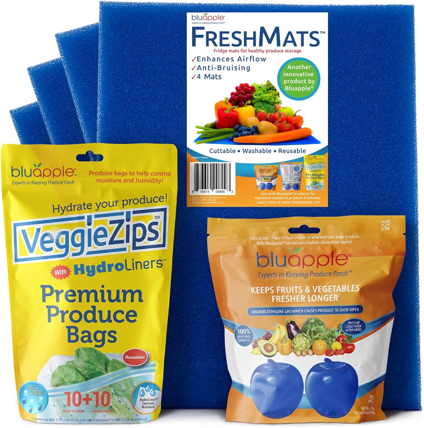 Bluapple Produce Saver Ethylene Gas Absorber 2-Pack, VeggieZips Premium Produce Storage Bags with HydroLiners, and Washable & Reusable FreshMats - Keeps Fruits & Vegetables Fresh - Made in the USA