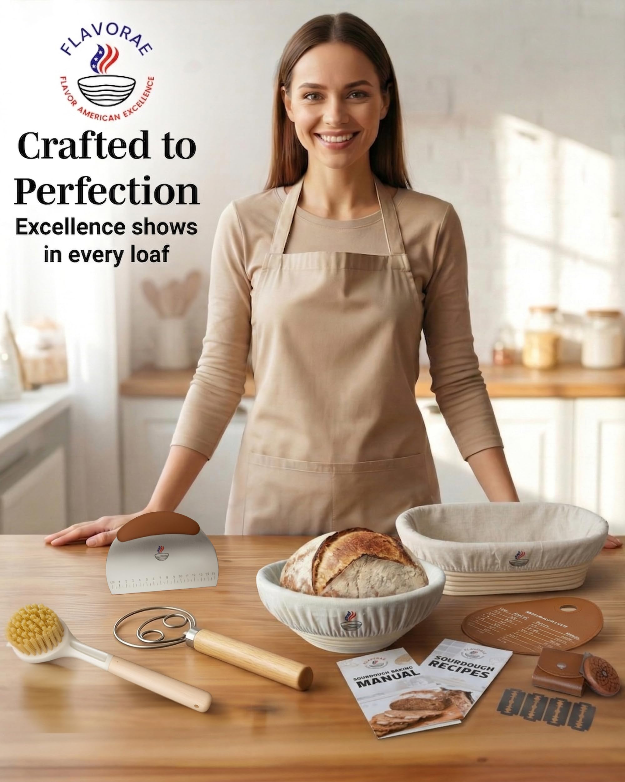 Brotgärkörbchen 2er-Set – rund 22,9 cm & ovales 25,4 cm Banneton mit Einlagen, Sauerteig-Starter-Set, natürliches Rattan-Teiggärkörbe für handwerkliches Brotbacken