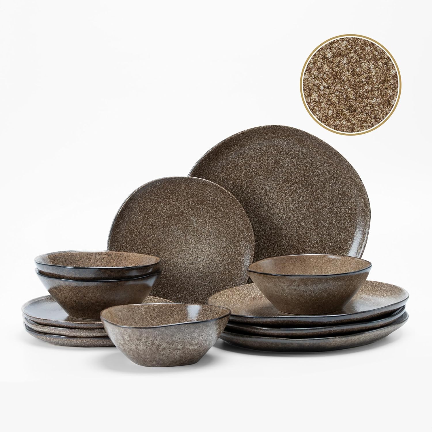 Dafuceramic 12-Piece Stoneware Dinnerware Set for 4 - Vintage Brown Plates & Bowls, Microwave Dishwasher Safe, Lead-Free