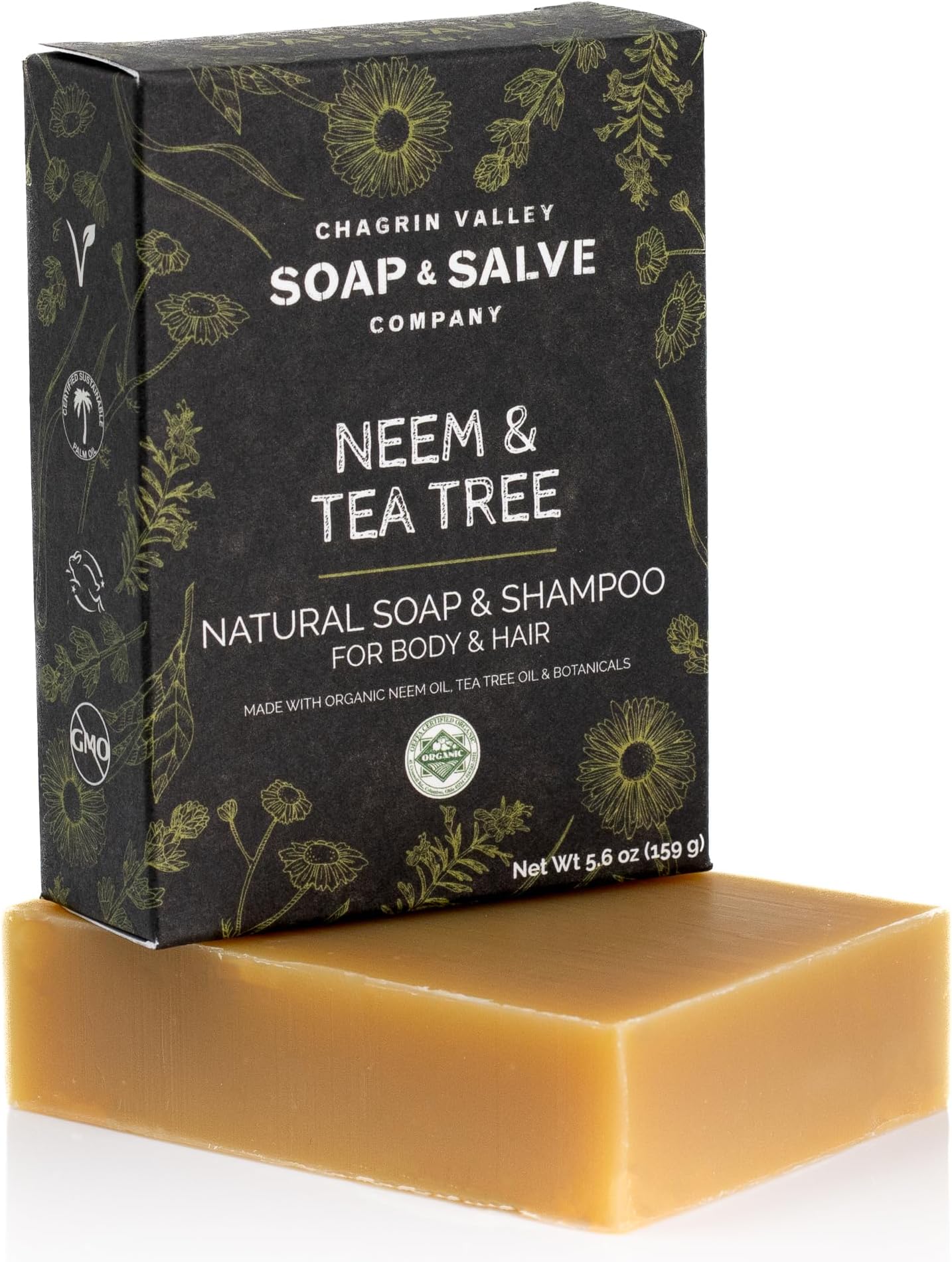 Chagrin Valley Soap & Salve Neem & Tea Tree Organic Soap & Shampoo Bar – Soothe Dry, Itchy, Irritated Skin - Sulfate Free For Body & Hair Vegan Shampoo Natural, Large 5.6 oz Bar
