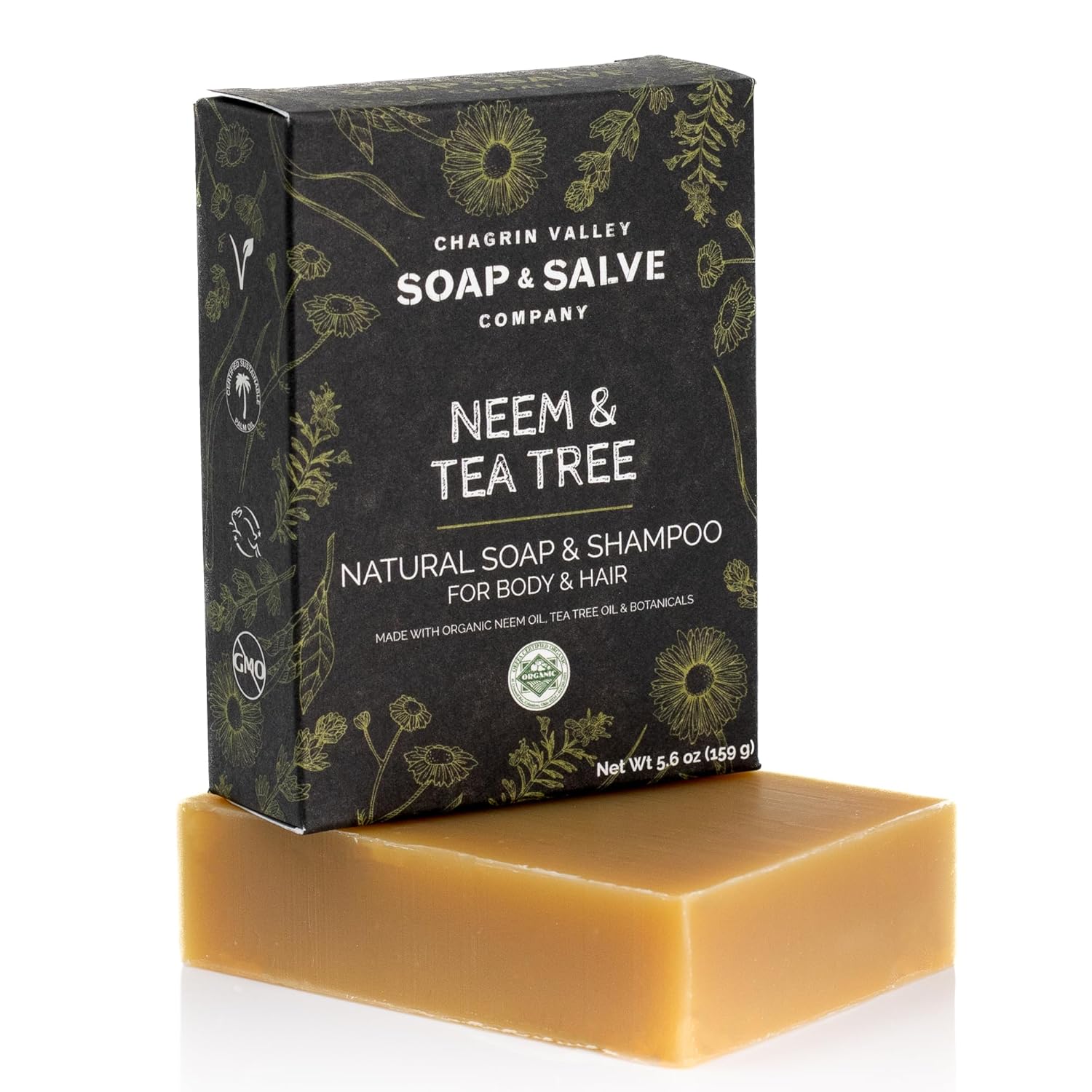 Chagrin Valley Soap & Salve Neem & Tea Tree Organic Soap & Shampoo Bar – Soothe Dry, Itchy, Irritated Skin – Sulfate Free For Body & Hair Vegan Shampoo Natural, Large 5.6 oz Bar