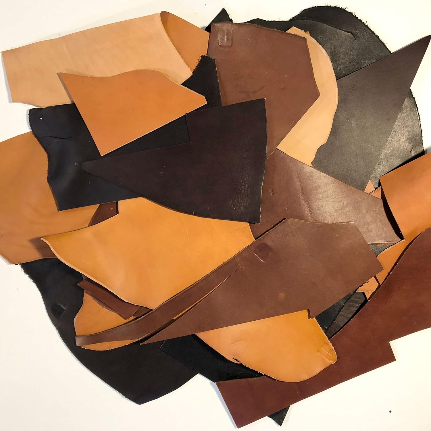Full-Grain 4oz - 10oz Leather Scraps, Generous 2lb Haul of Prime Scrap Leather Cuts Including Full-Grain Leather, Bridle Leather, in Veg-tan, Brown and Black, Large to Small Pieces