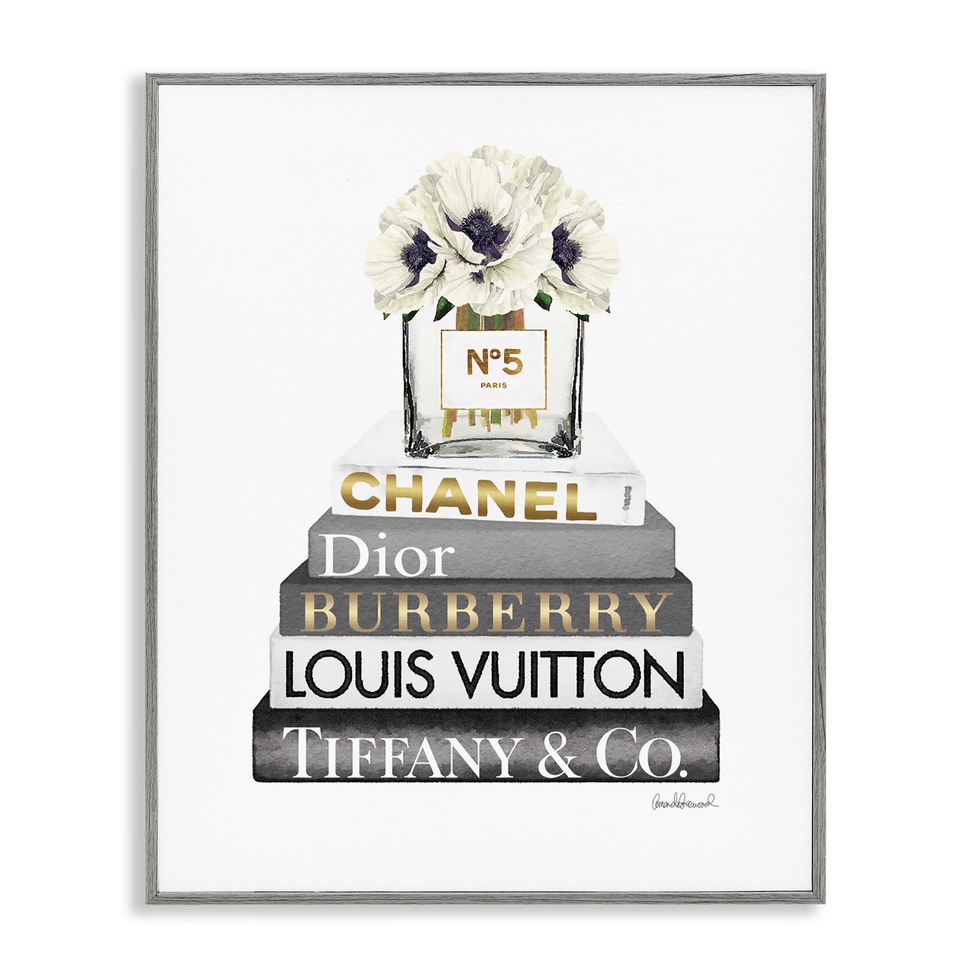 'White Poppies Grey Fashion Books'| Framed Giclee Art