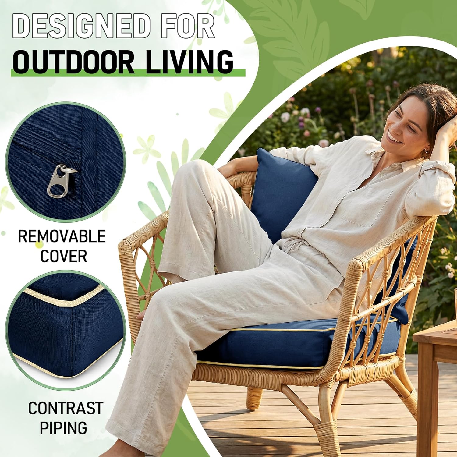 24×24 INCH Patio Furniture Cushion Set with Back Pillow - Outdoor Seat & Back Cushions, Solid Foam Seat + Supportive Pillow, Removable Covers for Deep Seating Chairs, Sofas (BLUE, 24 INCH × 24 INCH)
