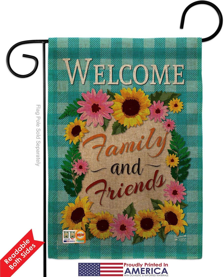 Welcome Family and Friends Burlap Garden Flags Pack Floral Sunflower Tulip Rose Orchid Lilies Season Springtime Flower Wreath USA Vintage Applique Small Gift Yard House Banner Double-Sided 13 X 18.5