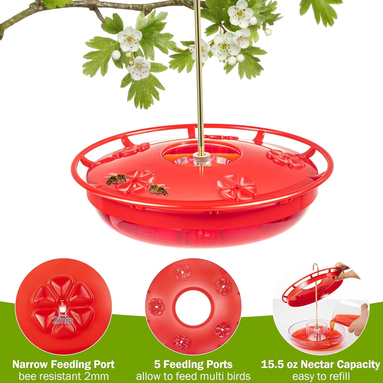 15.5 OZ Hanging Hummingbird Feeders for Outdoors with Rain Guard, Leak Proof Saucer Humming Bird Feeders with Ant Moat, 5 Flower Feeding Ports and Cleaning Brush for Garden Yard Patio (1 Pack) - Image 4