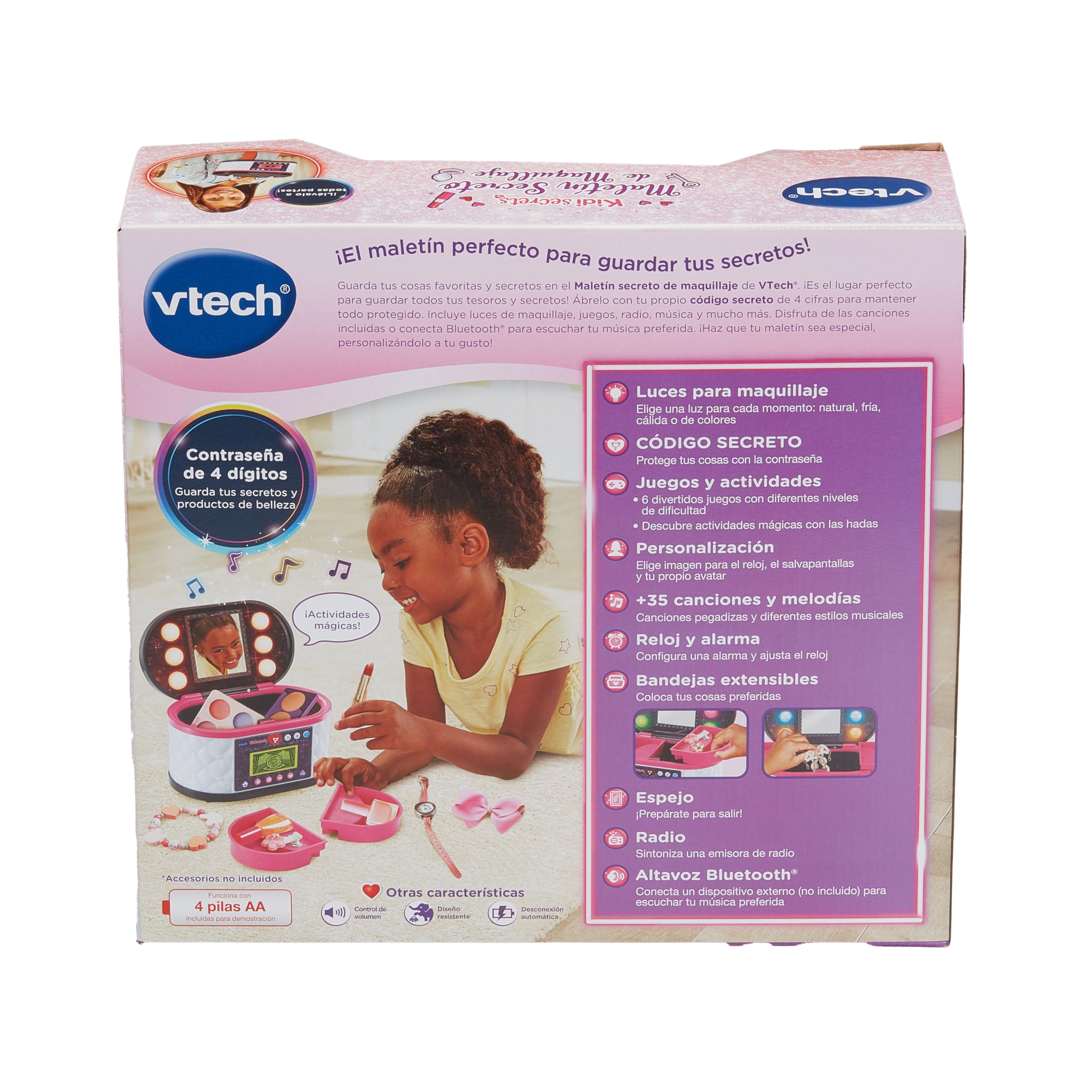 VTech - Maletín Secreto de Maquillaje, Joyero Interactivo, Código Personal, Espejo, Juguete niños +5 años, Color Negro, Pantalla LCD, Actividades mágicas, Bluetooth, Radio, Versión ESP