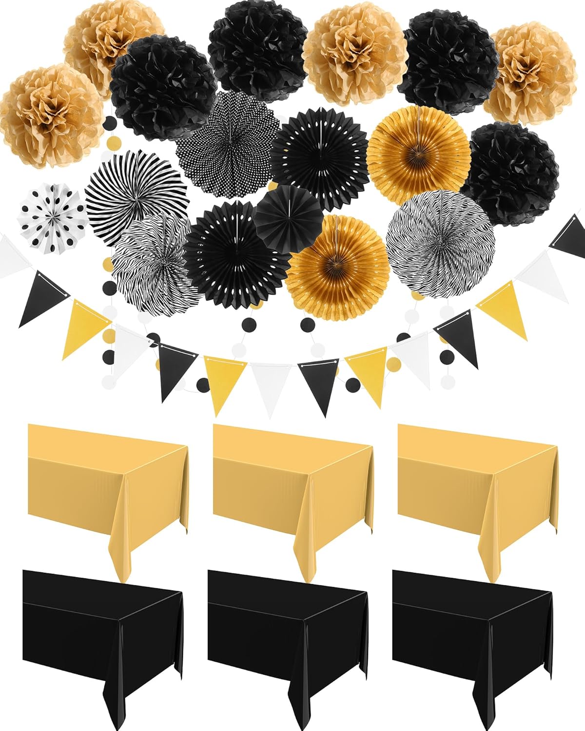 Fullhawl 27 Pcs Graduation Party Decoration, 6 Pcs Disposable Tablecloth 21 Pack Hanging Paper Fans, Pom Poms Flowers, Garland String Polka Dot and Triangle Flag Set for Birthday, Baby Shower, Wedding