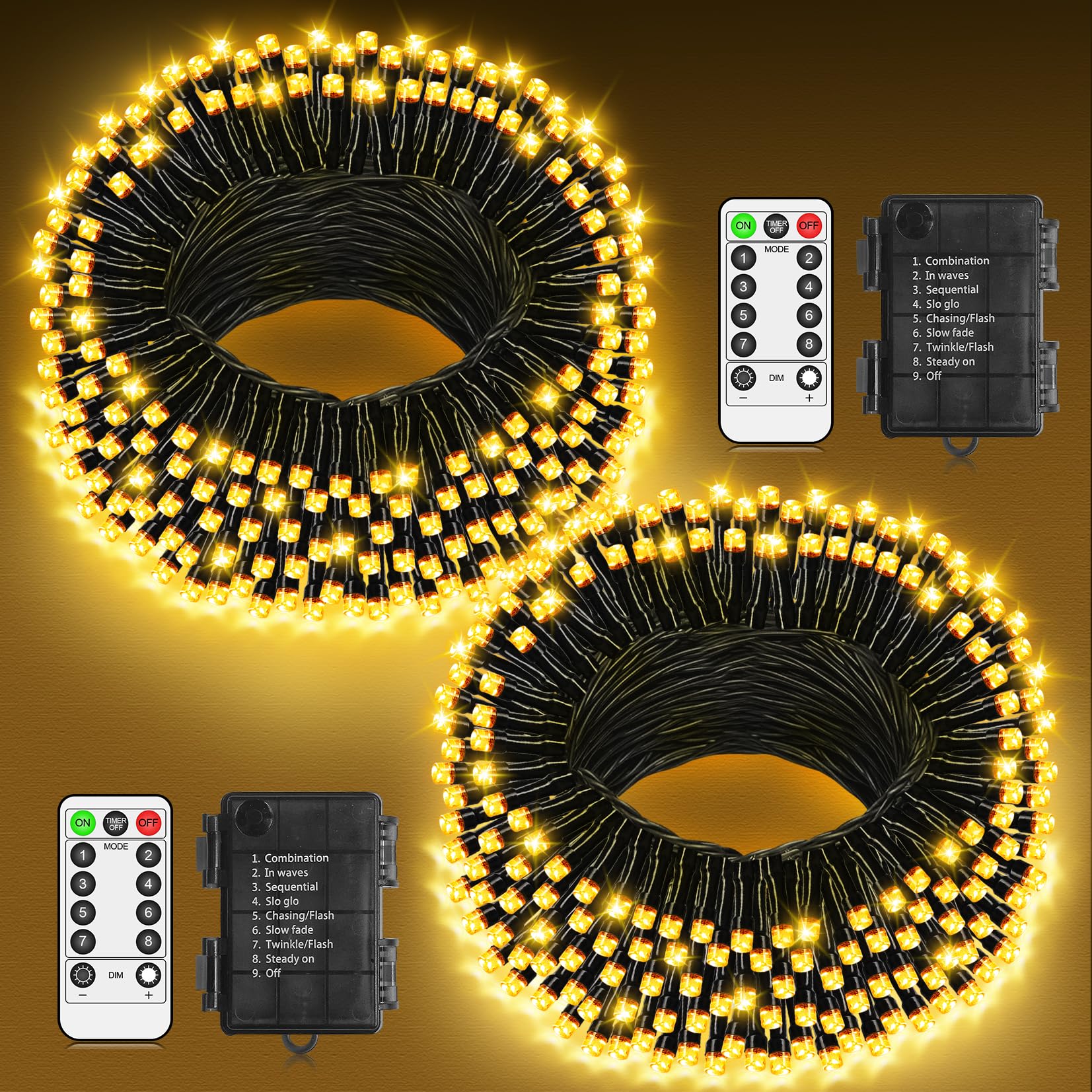 LYNNON 2x100 LED Lichterkette Außen Batterie Warmweiß Lichterkette Outdoor Wasserdicht 8 Modi mit Fernbedienung und Timer für Innen Party Hochzeit Ostern Garten Balkon Weihnachtsbaum deko