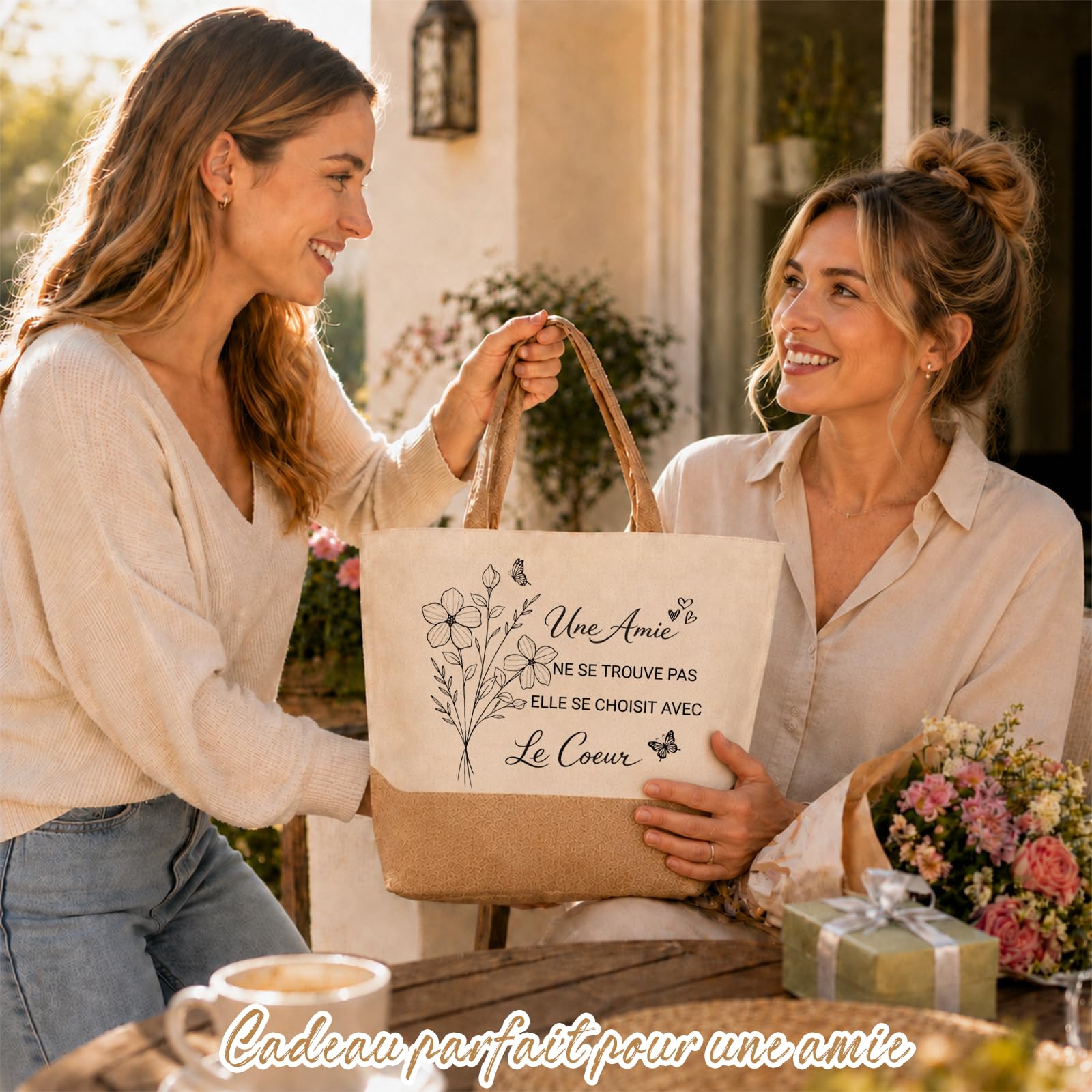 Cadeau Meilleure Amie Tote Bag Sac en Toile Jute Cabas avec Porte-Clés et Bracelet