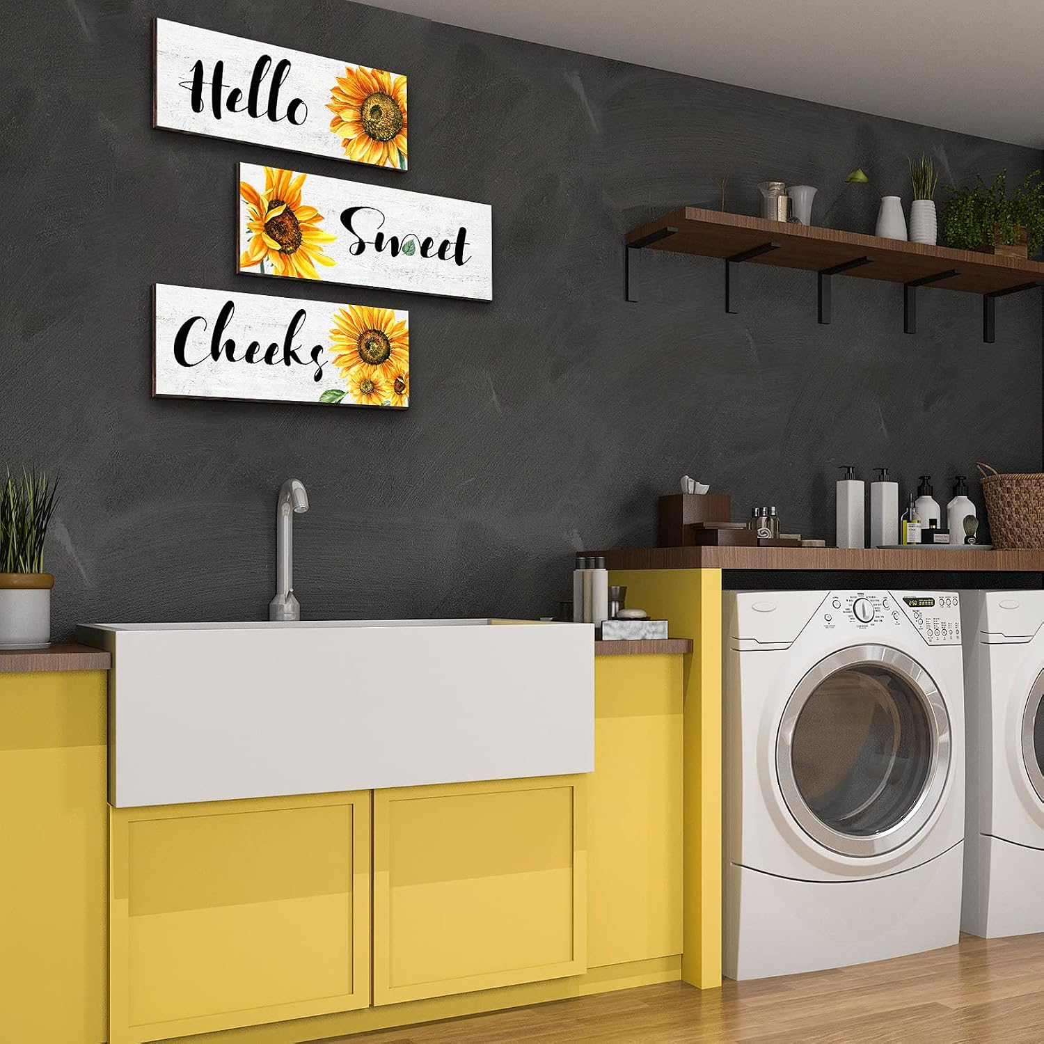 3 Pieces Sunflower Wall Decor Hello Sweet Wooden Wall Art Signs Summer Sunflowers Prints Hanging Plaques Rustic Classic Sunflowers Positive Sign Decor for Bathroom Kitchen, 10 x 4 x 0.2 Inch(White)