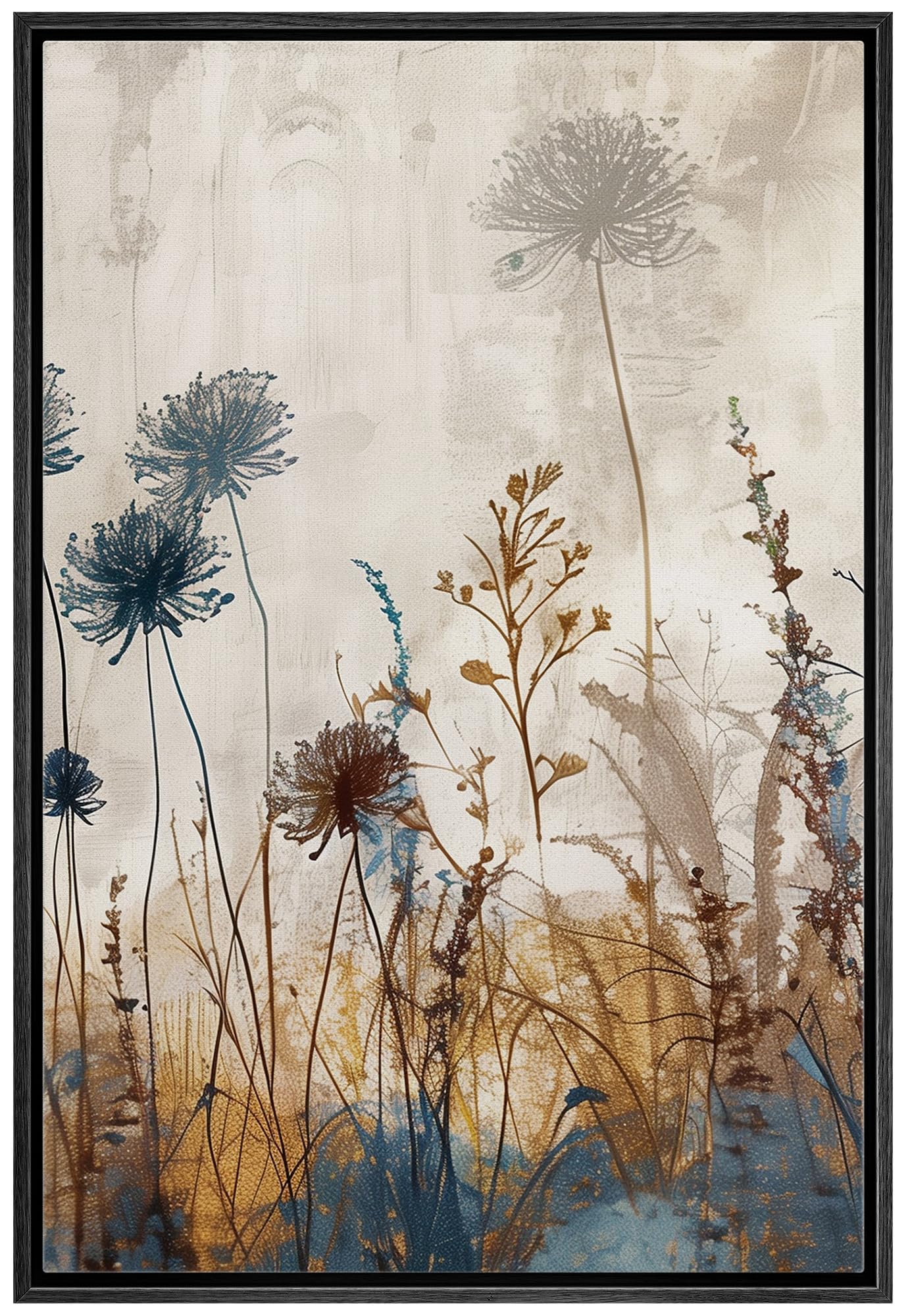 wall26 framed canvas print wall art nature's brushstrokes wild blooms blue nature wilderness illustrations modern art decorative floral botanical for bedroom - 24"x36" black