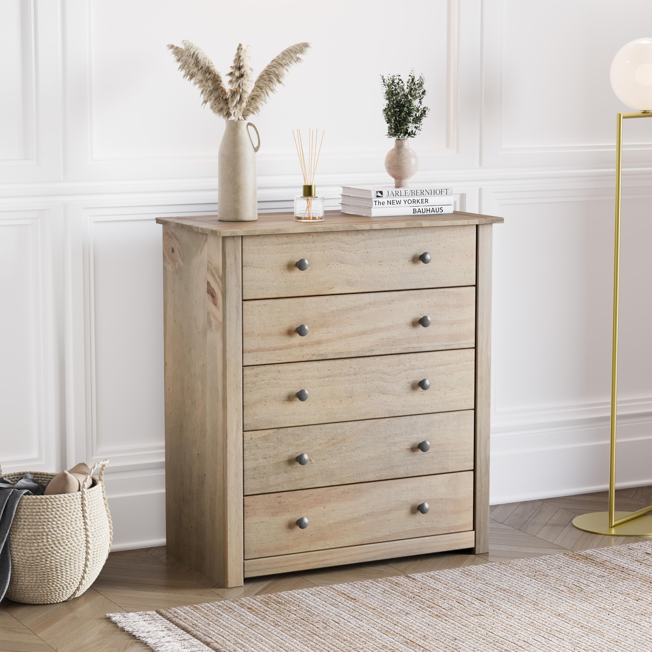 Panama 5 Drawer Chest Solid Pine Wood Waxed Oak Finish