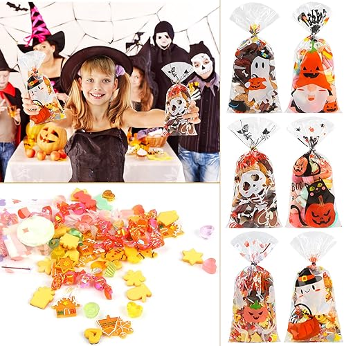 Miniatura 2 de LOKIPA 120 bolsas de celofán de Halloween, 6 estilos de bolsas de celofán de Halloween con 150 lazos giratorios para Halloween, regalos de fiesta de