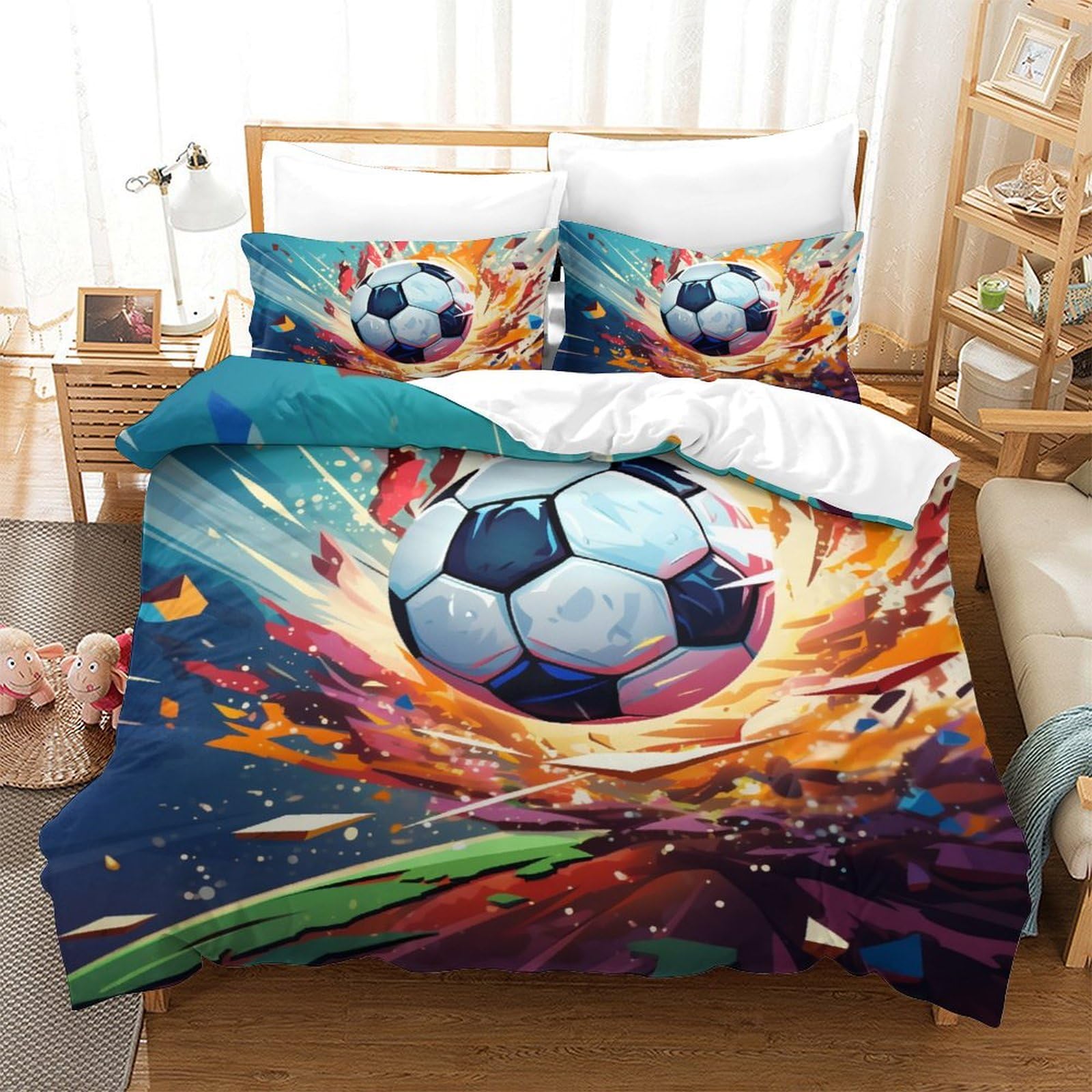 Housse de couette football 3D microfibre king 220x240cm avec taie d'oreiller enfant