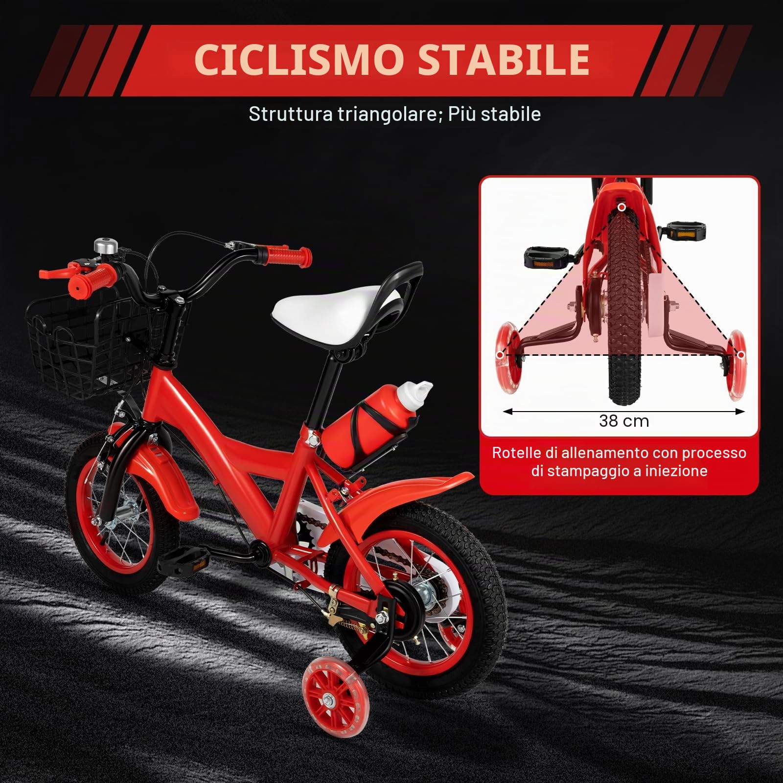 Bicicletta per bambini, 12 pollici, universale, per principianti, con ruote di supporto e bottiglia d'acqua, adatta per bambini, da 2,62 – 3,11 ft in (rosso)