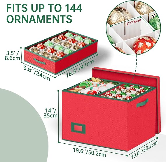 Mutool Christmas Bauble Storage Box With Dividers, 144 Compartment Xmas Ornament Storage Container with 8 Removable Tray, Large Christmas Storage Bins,Perfect for Holiday Decorations (Red)
