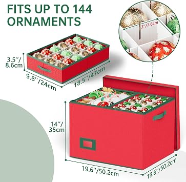 Mutool Christmas Bauble Storage Box With Dividers, 144 Compartment Xmas Ornament Storage Container with 8 Removable Tray, Large Christmas Storage Bins,Perfect for Holiday Decorations (Red)