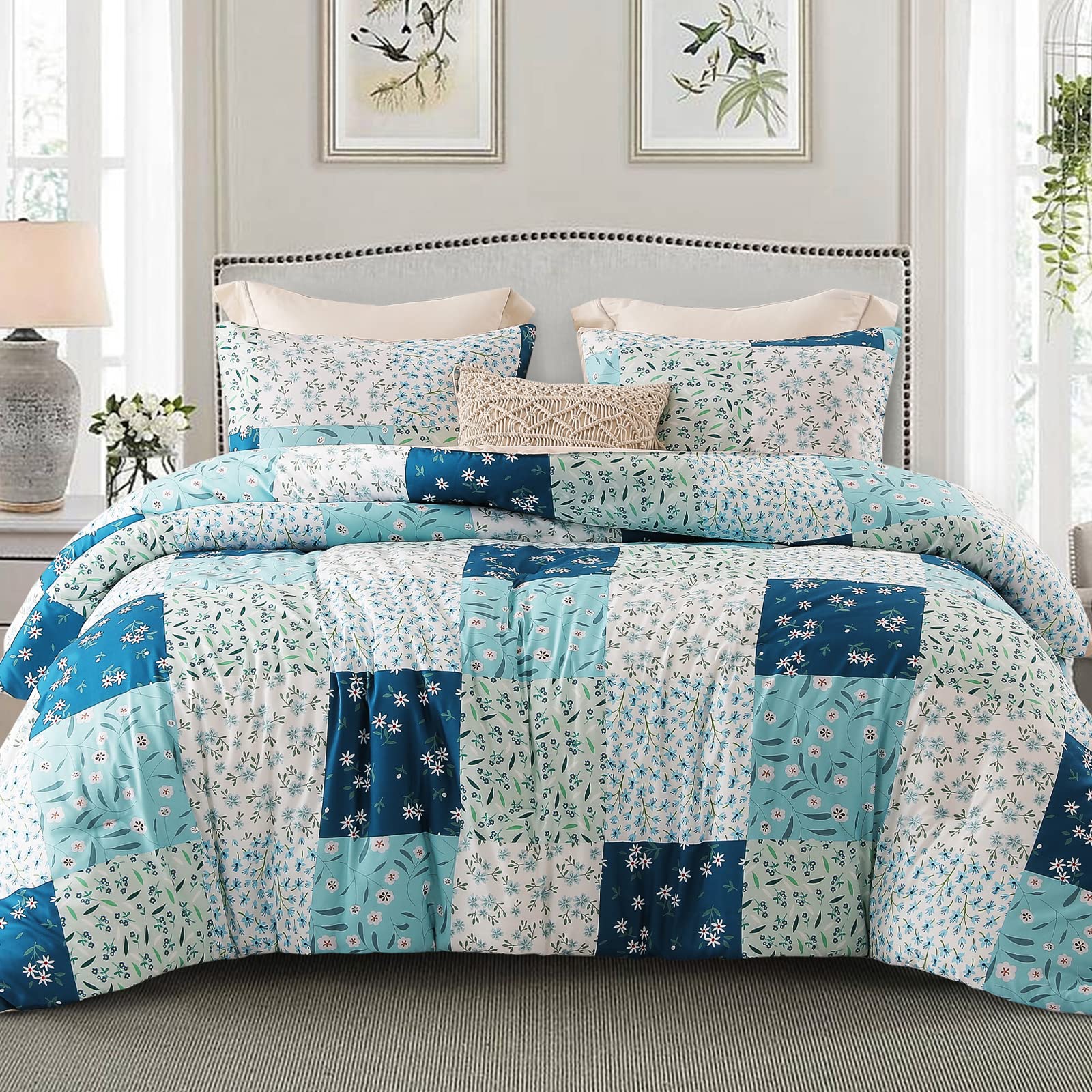 Whale Flotilla 7.5 Tog King Duvet Set, Soft Reversible Coverless Oversized Comforter Set with 2 Pillowcases, Patchwork Printed Down Alternative Bedding Comforters for All Seasons, Blue Blue King (220x230 cm)