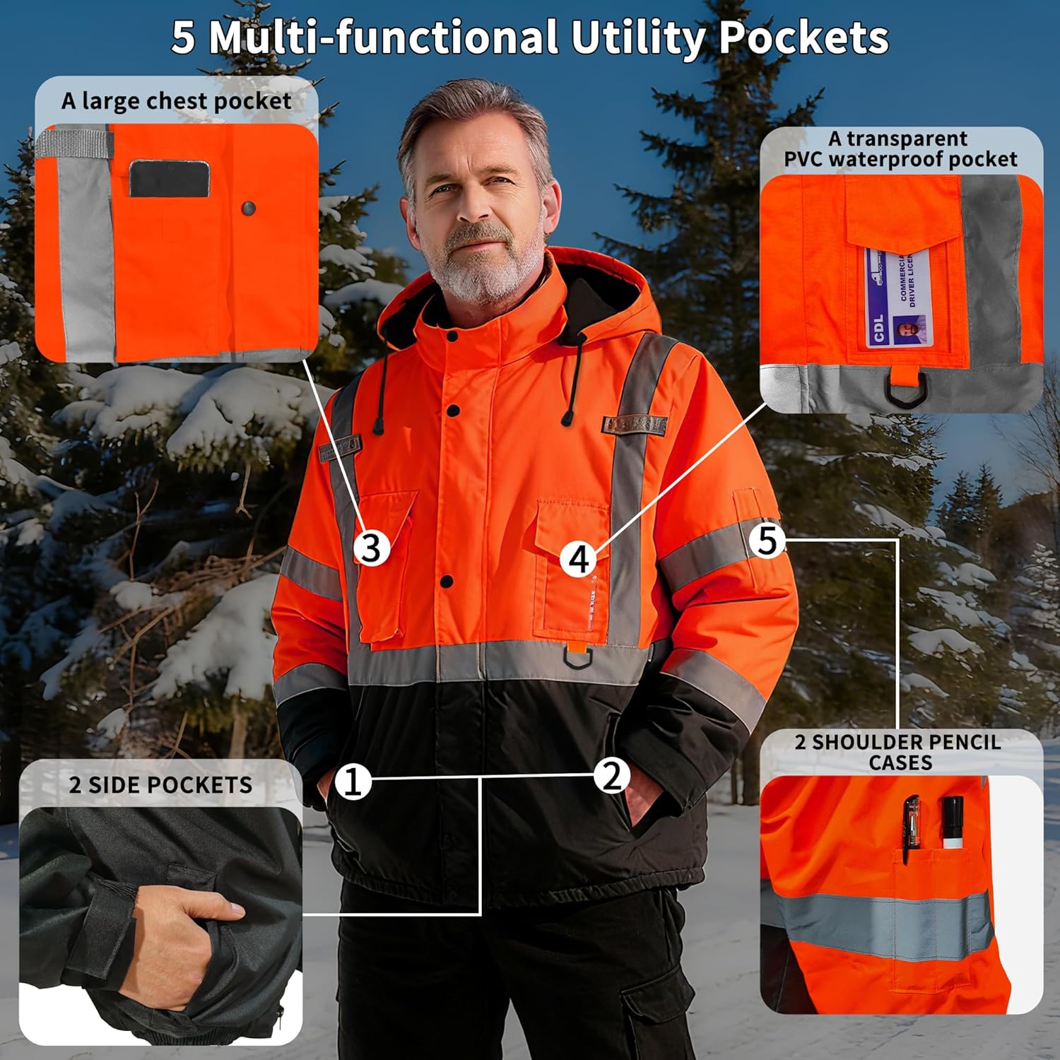 FATONE Hi Vis Jackets for Men Reflective Safety, Construction Worker Winter Coat Waterproof with Black Bottom ANSI/ISEA, Orange XL - Image 5