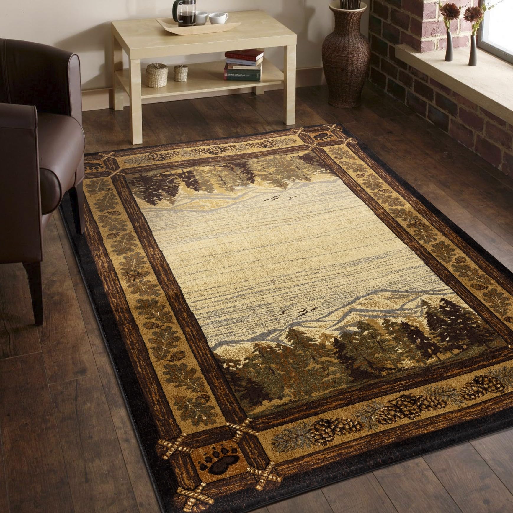 DANTE HOME Cabin Life Area Rug, Border, Mountain Theme, Multi-Color, Low Pile. 5 ft. 3 in. x 7 ft. 3 in., LBC93009