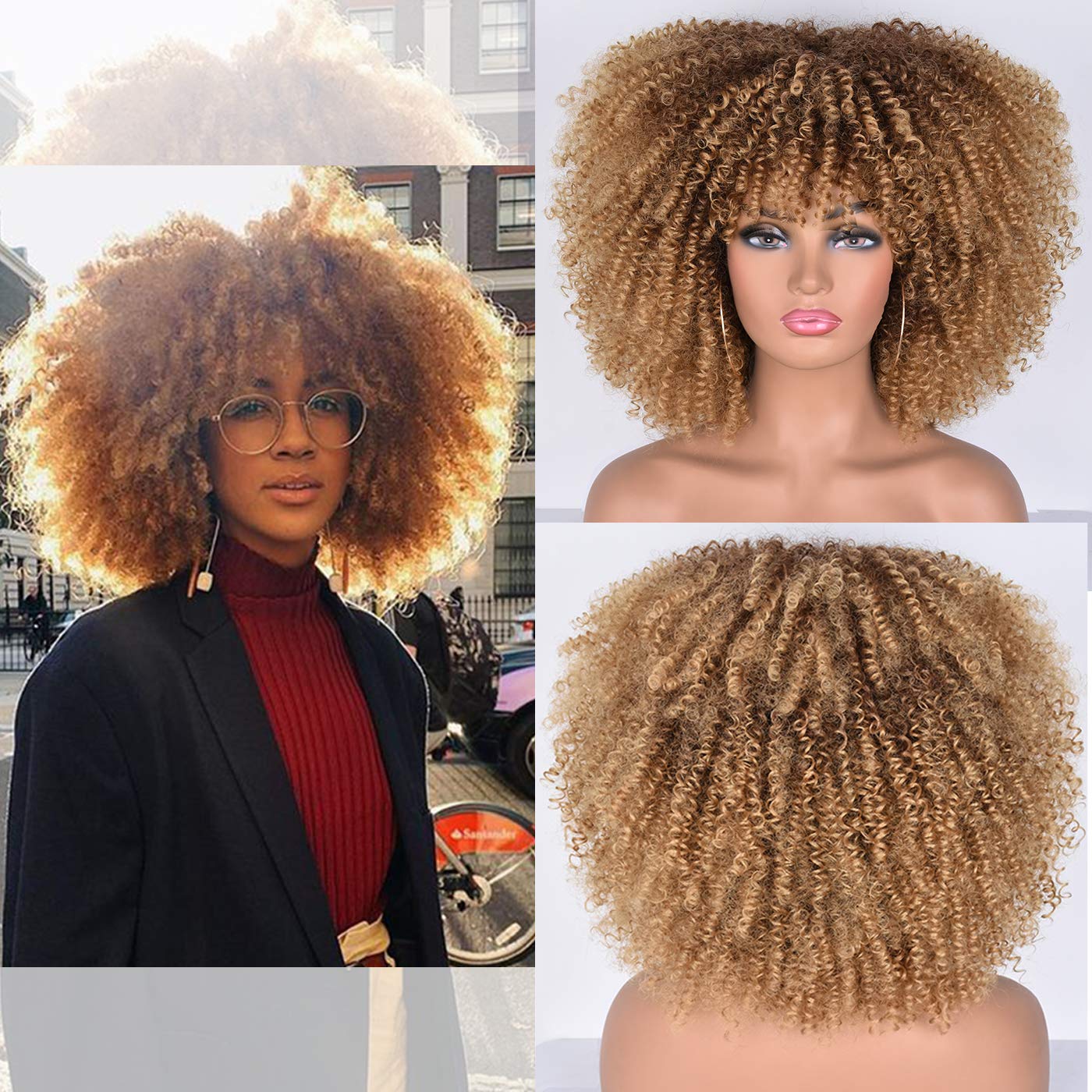 Curly Afro Synthetic Wig for Black Women, Short Kinky Curls with Bangs