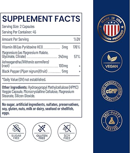 Miniatura 7 de Suplemento de magnesio triple complejo 90 cápsulas – Glicinato de magnesio de alta absorción + malato + citrato con ashwagandha para dormir, salud