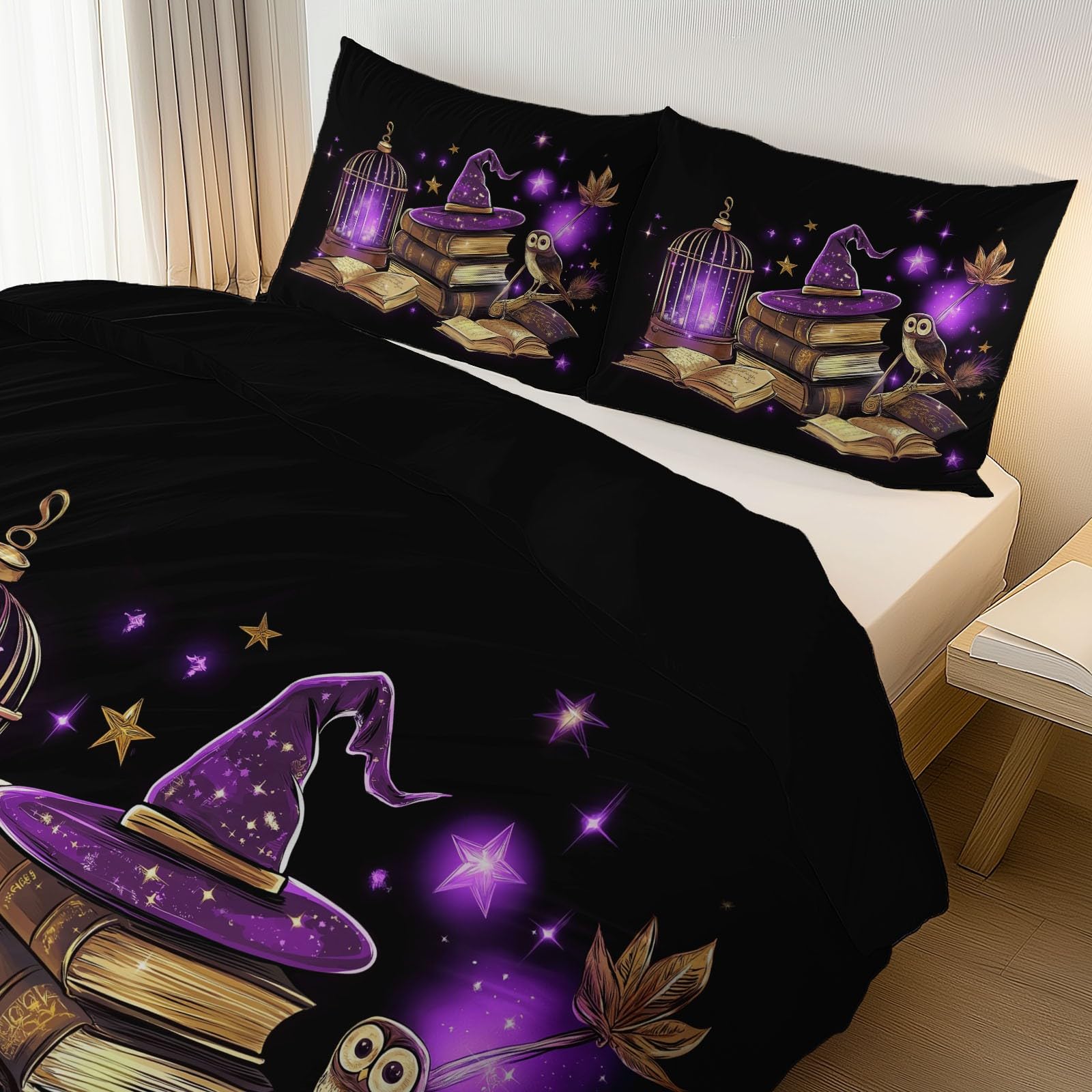 Set di Biancheria da Letto con Stampa Cartone animato Fantasy Tema Harry Potter, Copripiumino con Cerniera, 200 x 200 cm Incluso 2 Federe, Biancheria da Letto per Ragazzi e Ragazze, Nero