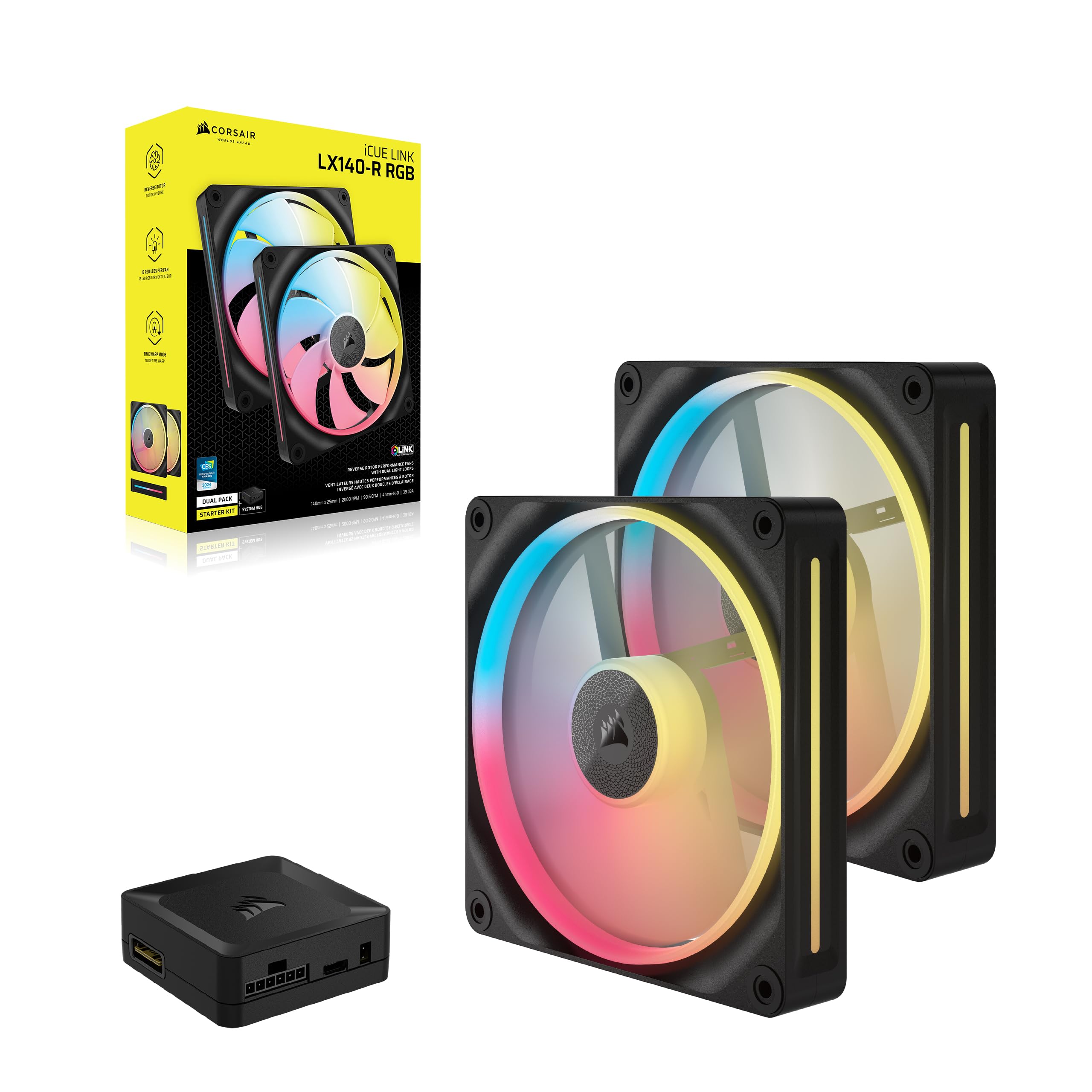 CORSAIR iCUE LINK LX140-R RGB 140mm Ventole PWM Invertite – Kit Doppia Ventola – Basso Rumore, CORSAIR Cuscinetto Magnetico a Cupola, Doppio Anello Luminoso, Viti QuikTurn™, Modalità Zero RPM – Nero